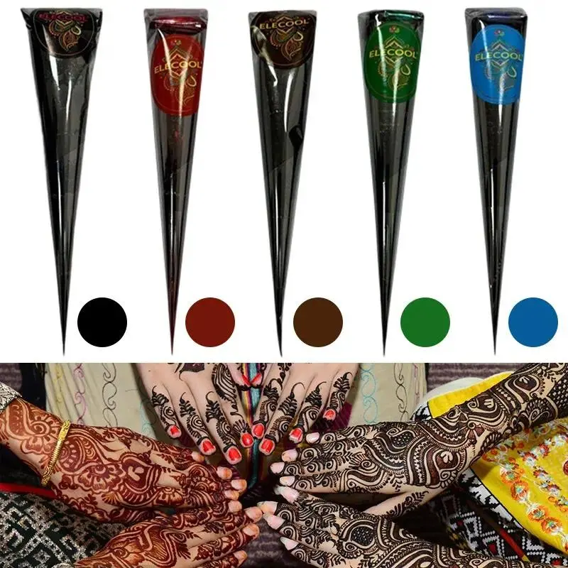 ELECOCO multi-color henna cone set, natural plant henna tattoo pen available in brown, black, red, blue, green. Mild non-irritating, long-lasting waterproof pigment, perfect temporary tattoo tool for body art hand mandala patterns at weddings and parties.