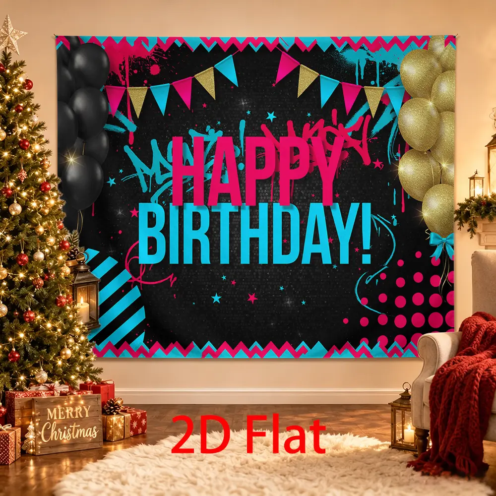 Neon Happy Birthday Backdrop, Black Hot Pink Blue Gold Balloon Party Background, Colorful Graffiti Photo Booth Decor