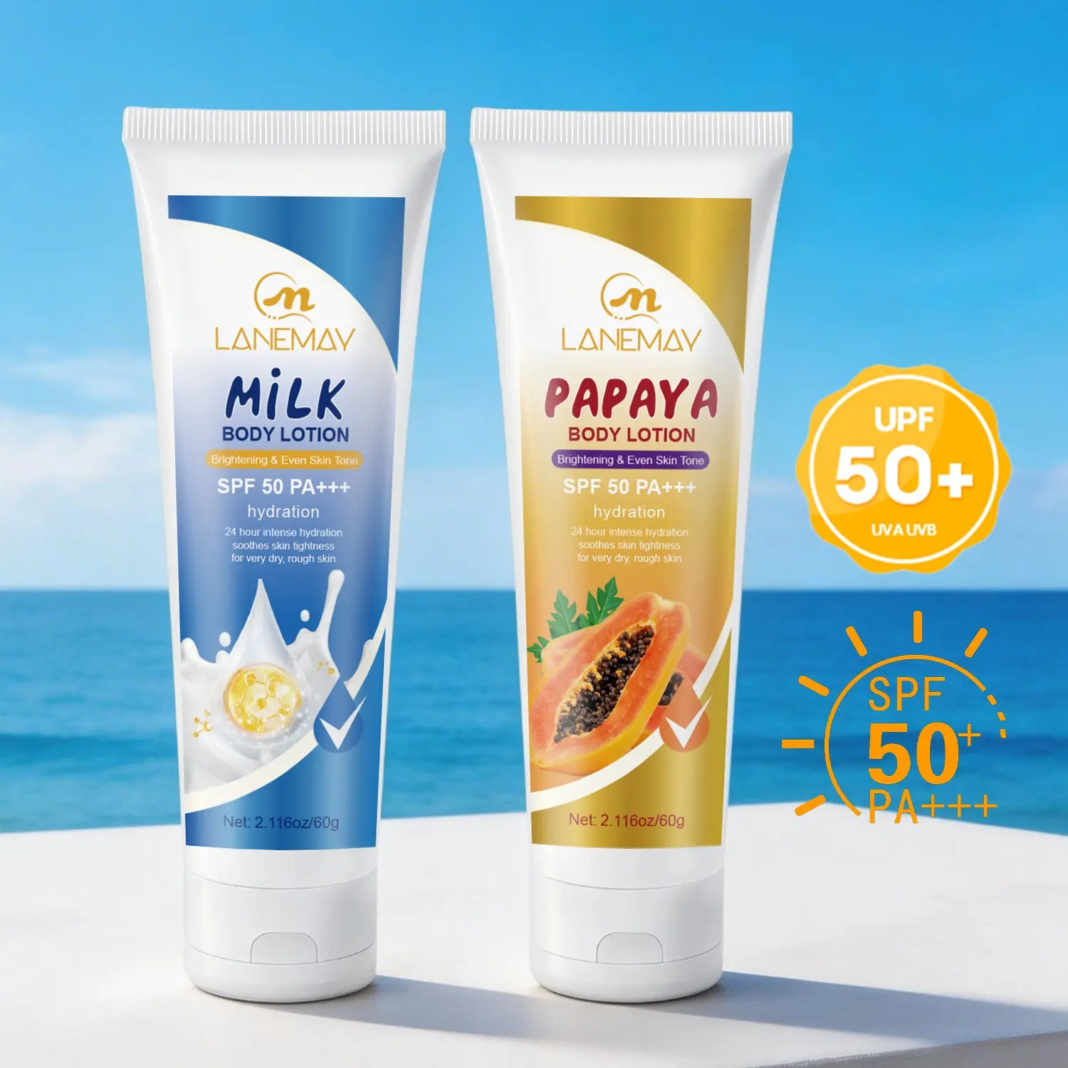 2 x 60g Sunscreen Body Lotion SPF50 PA+++| Niacinamide Vitamin C Body Lotion Milk Protein Papaya Extract Shea Butter | Brightening and Moisturizing Suitable for Dry Skin