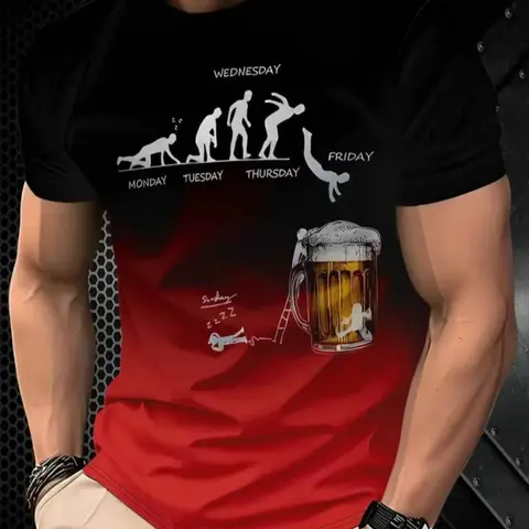 3D Printed Beer Evolution Pattern Menswear T-Shirt, Brewery Graphic Tee, Humorous Monday-Friday Design, Gradient/ Casual Short Sleeve, Durable Print Quality, Tops