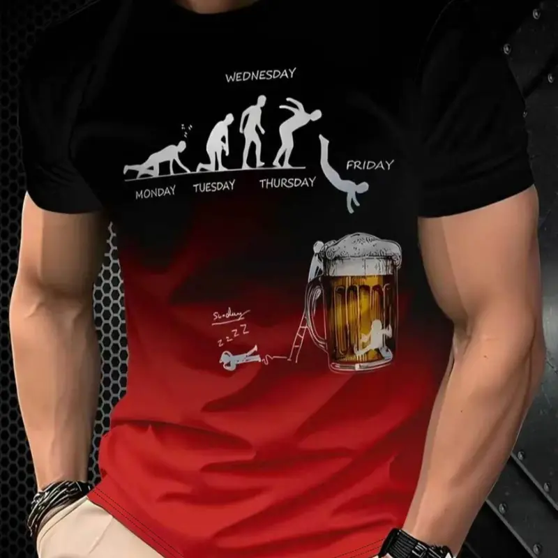 3D Printed Beer Evolution Pattern Menswear T-Shirt, Brewery Graphic Tee, Humorous Monday-Friday Design, Gradient/ Casual Short Sleeve, Durable Print Quality, Tops