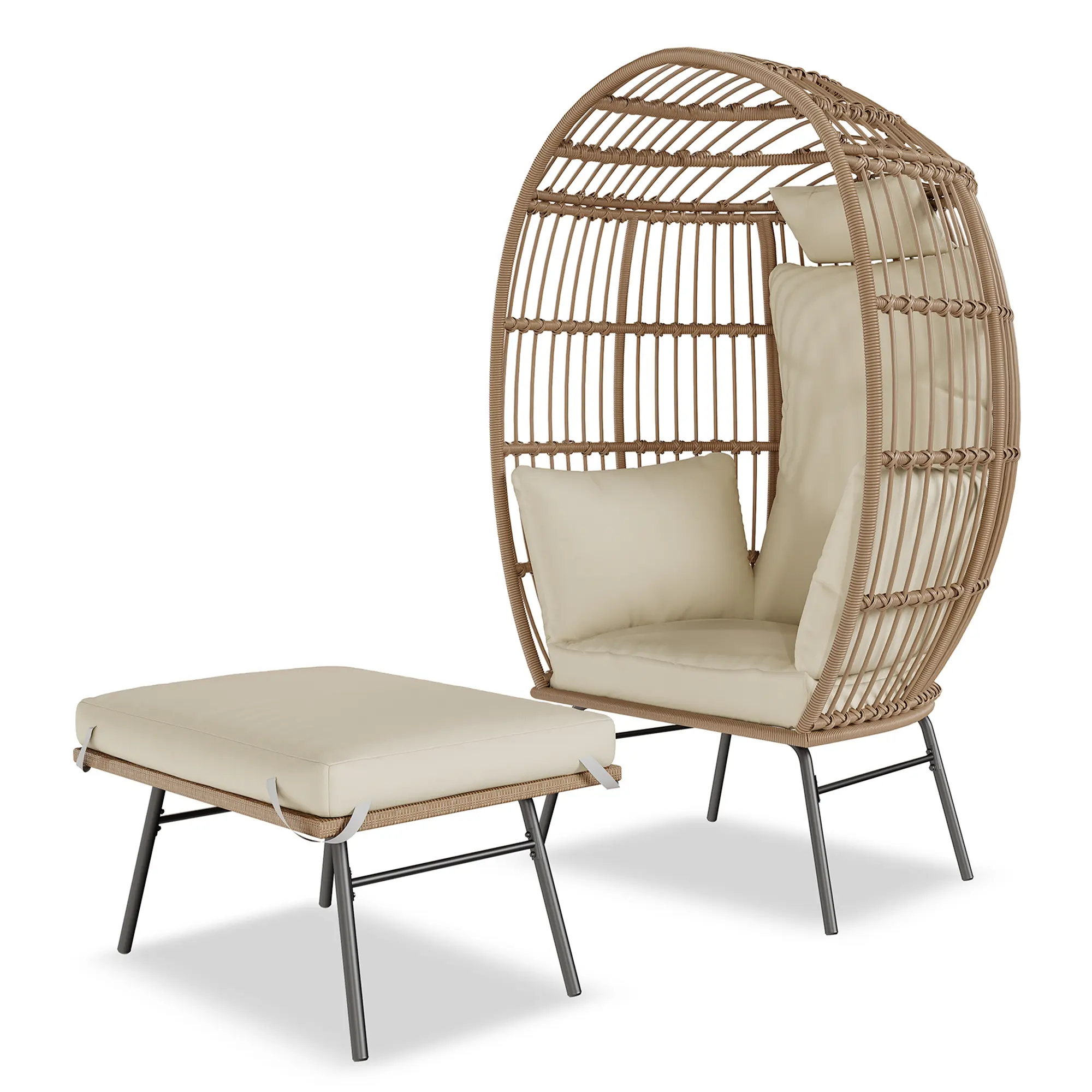 Oversized Wicker Egg Chair with Ottoman - Indoor/Outdoor Waterproof UV-Resistant Patio Lounge Chair with Beige Cushions, Accent Furniture for Garden, Living Room, Room Decor