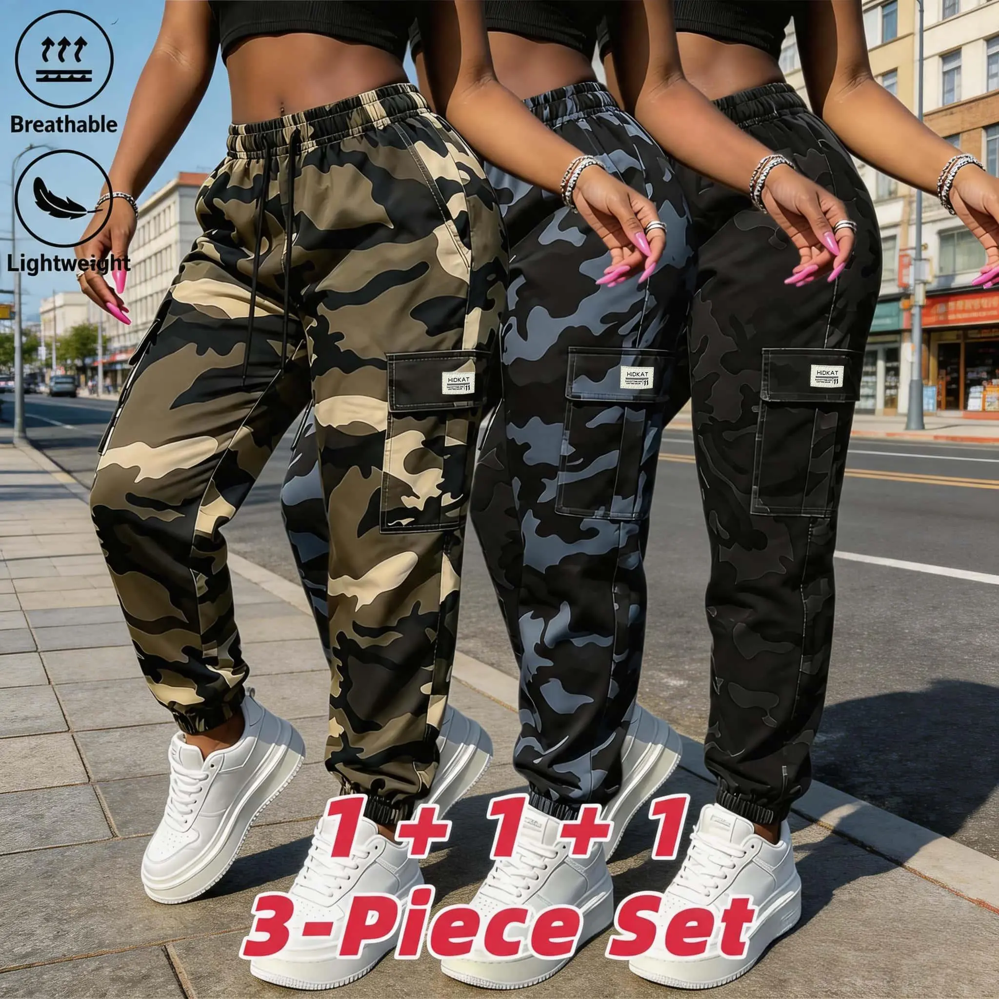 3PC Women's Camouflage Sports Pants, Casual Outdoor Jogging Breathable Fitness Pants, Hiking Camping Multi Pocket, Elastic Waist Drawstring Design, Women's Work Pants