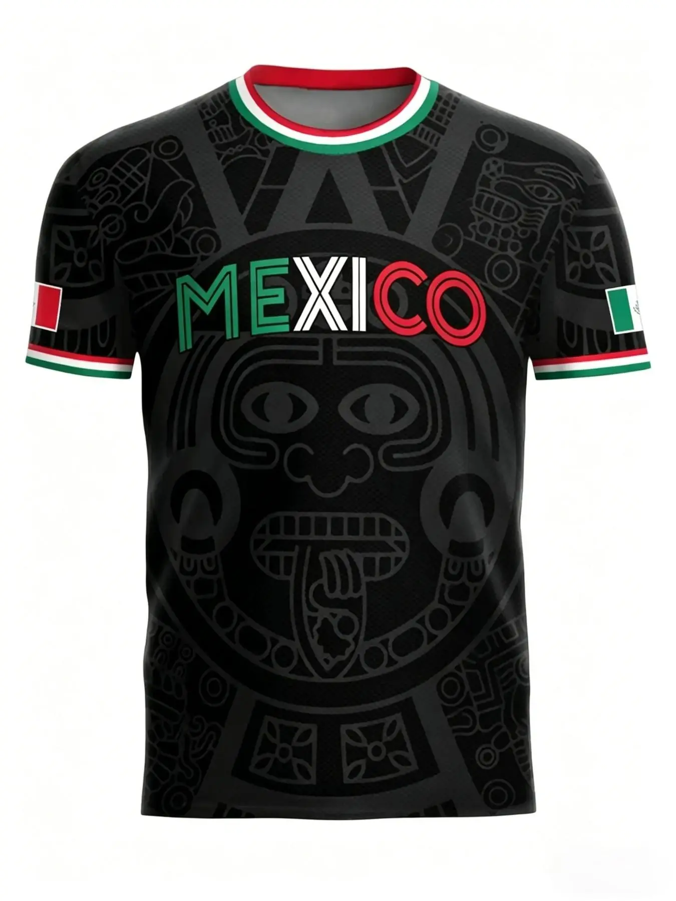 Men Crew Neck Short Sleeve T-Shirt Aztec Sun Calendar Tribal All Over Print Red White Green Striped Rib Collar Cuff Soft Light Casual Tee, Vintage Mexican Ethnic Street Top For Summer Daily Outdoor Game Day Outfit.