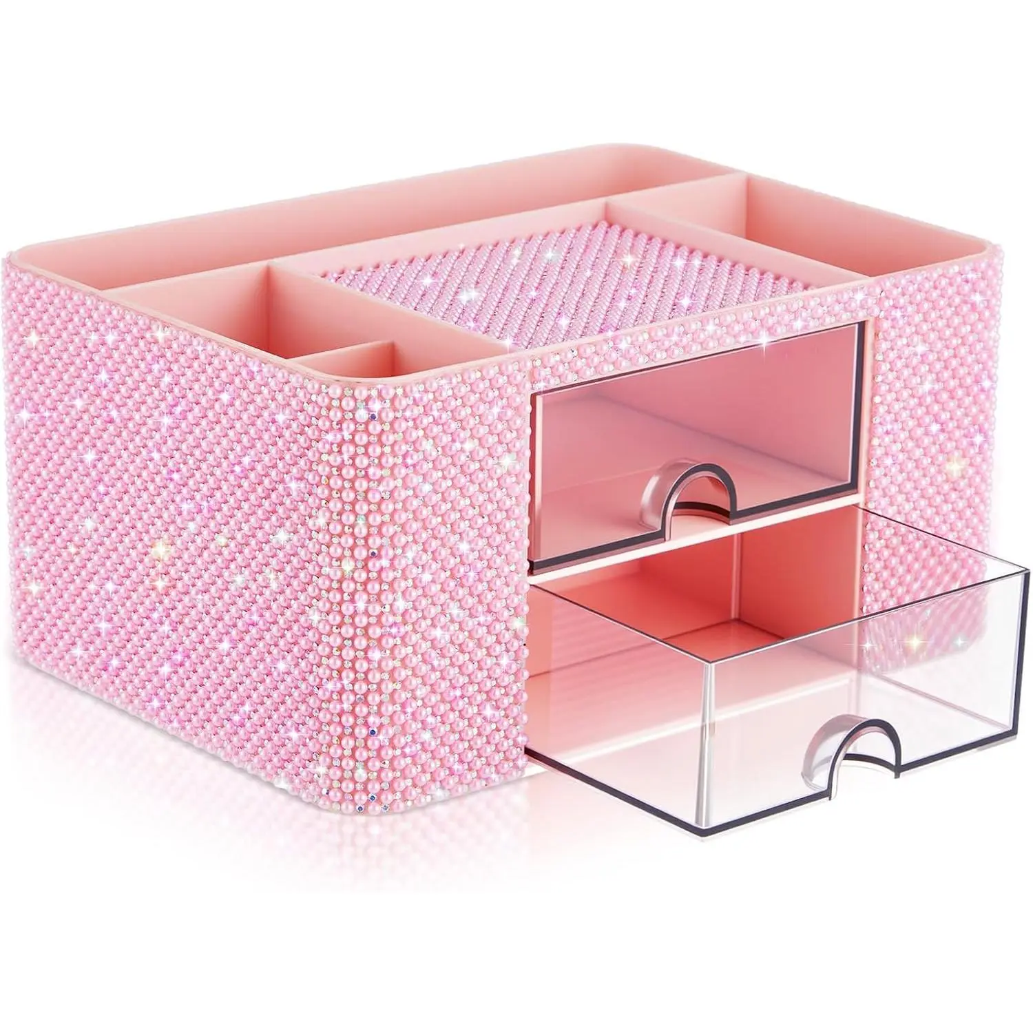 Bling Rhinestone Desk Organizer with 2 Drawers & Sturdy Plastic Construction, Girlish Look Sparkle Decor Desk Accessory with Pen Holder for Workspace Enhancement