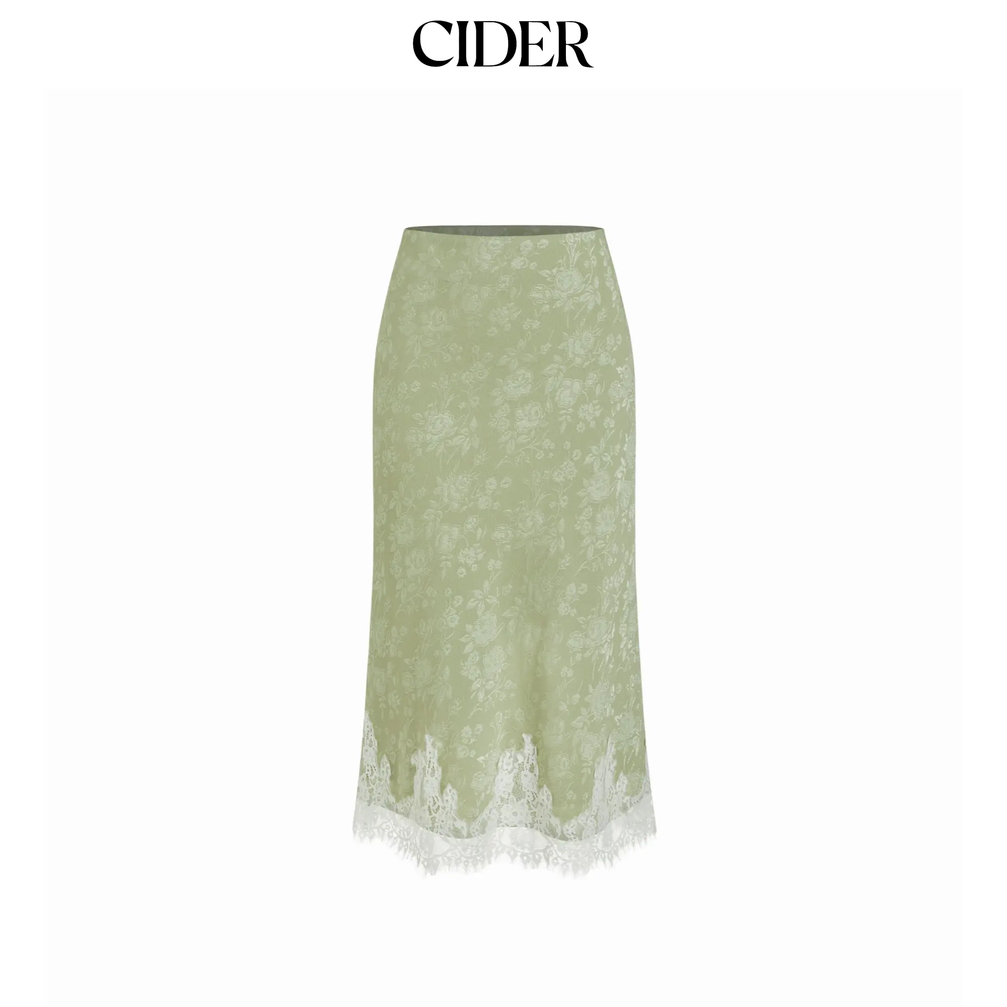 Cider Jacquard Mid Rise Floral Lace Trim Mermaid Midi Skirt