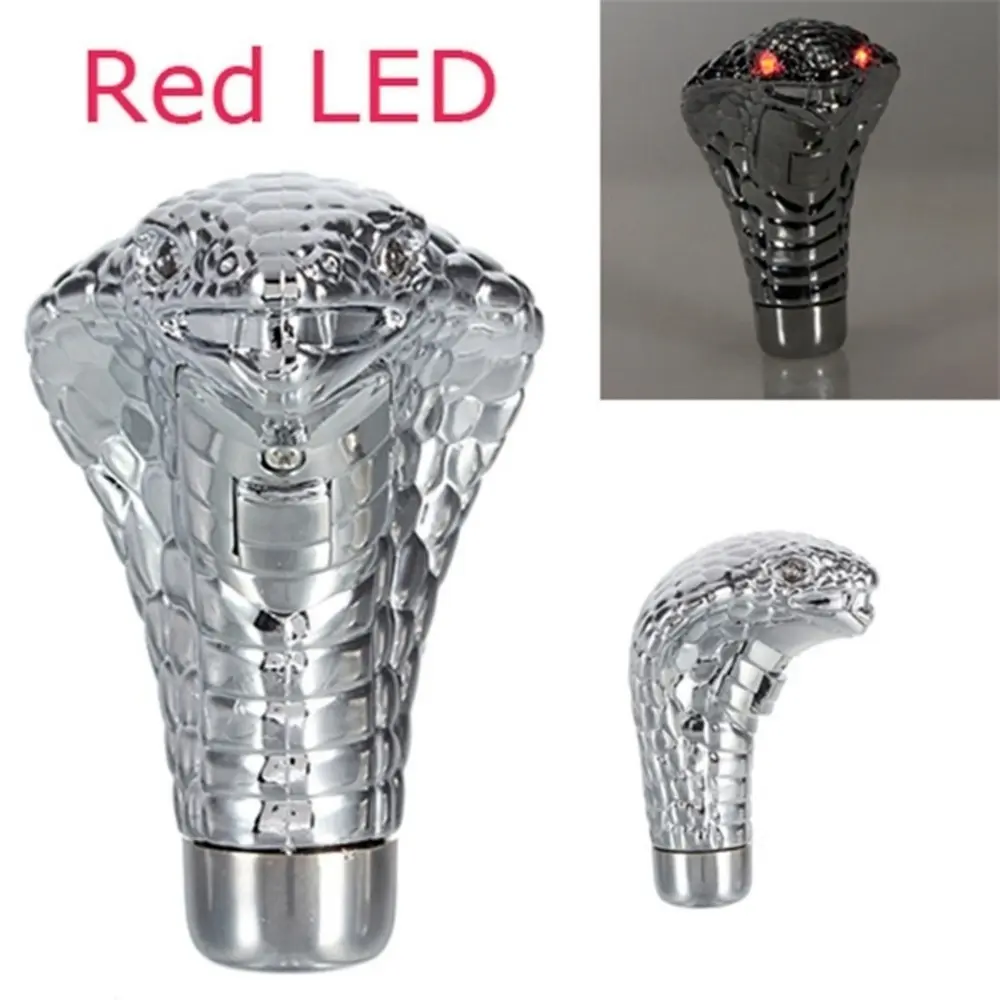 Chrome-Silver Cobra Snake Manual Gear Shift Knob with Red-Blue LED Lights, 4 Flash Modes, Universal Fit for Most Cars, Includes 1 x Screwdriver & 2 x Rubber Sleeves for Car Decoration