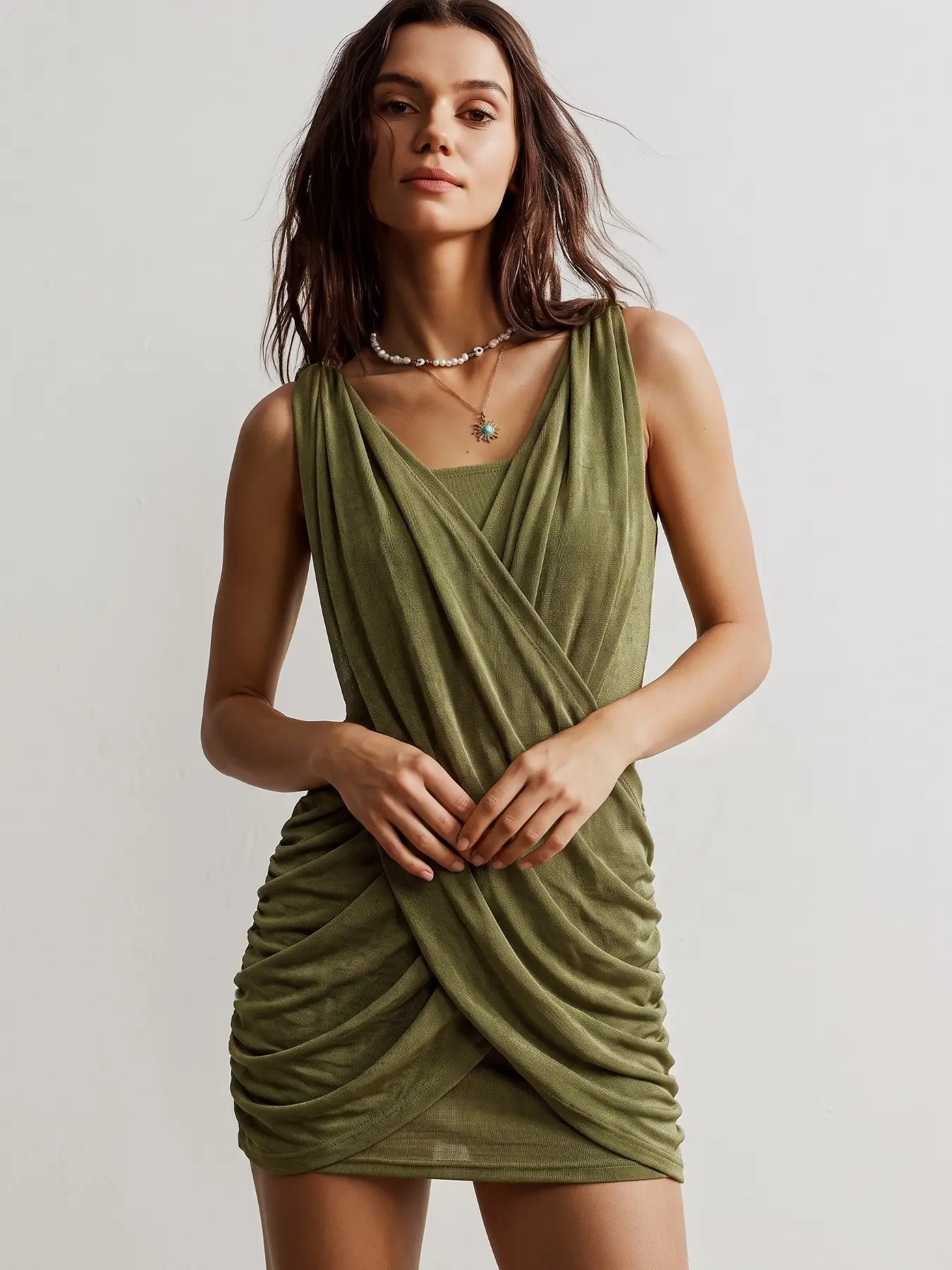 Olive Cross Wrap Ruched Sleeveless Bodycon Mini Dress, Fashionable Casual Women's Solid Pattern Dress, Perfect for All Seasons, Ideal for Going Out