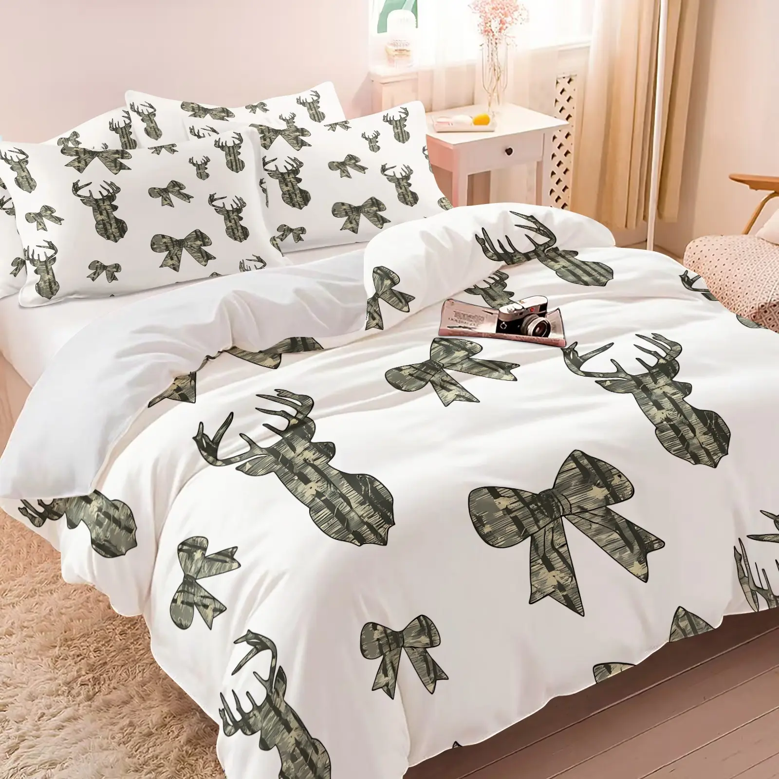 2/3Pcs Soft Camo Deer Bow Comforter Set Birch Tree Camouflage Stag Head Ribbon Print Bedding Rustic Country Lightweight All Season Bed Set For Hunting Farm Girls Bedroom Printed Bedding Set