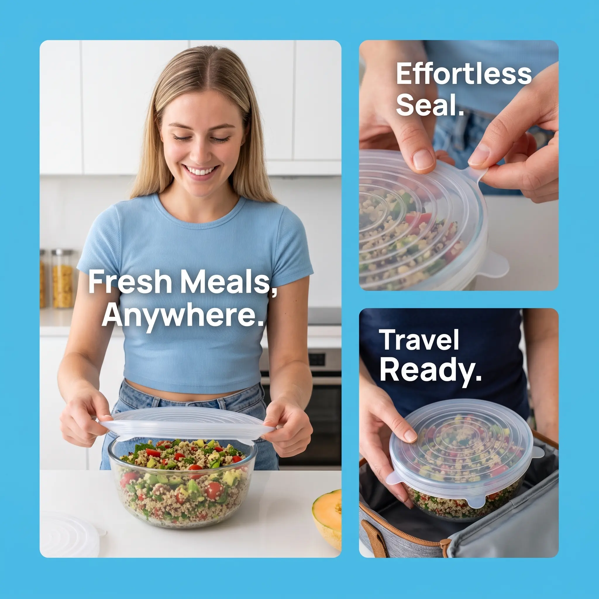 6PCS Reusable Silicone Food Storage Lids Set, Airtight Stretchable Covers for Containers, Camping & Kitchen Essentials