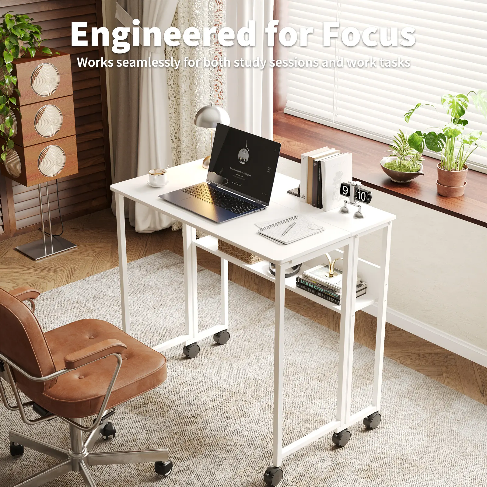 Space-Saving Folding Computer Desk with Storage Shelf - Portable Rolling Table with 360° Wheels - Compact Home Office Desk for Bedroom, Living Room or Study - Easy Assembly, Oak & White panther table