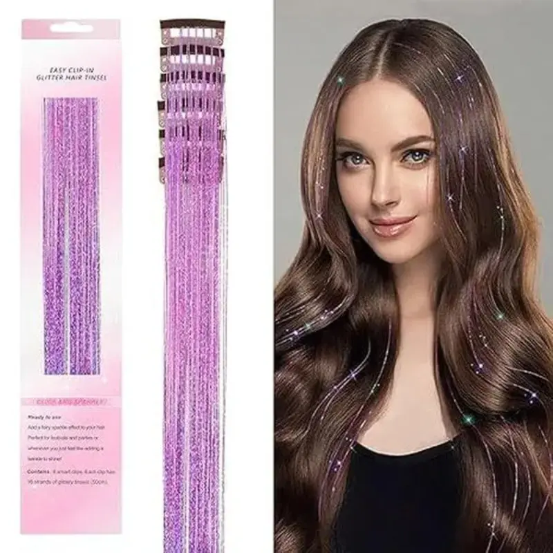 Funky & Peppy Clip-In Glitter Strands, 6 PCS 24 Inch Synthetic Hair Pieces for Women & Girls, Glamorous Heat Resistant Party Supplies for Festival Hair Styling, Colorful, Romantic, Baroque, Clip On Hairpieces, Synthetic Fiber Extensions, Birthday Party Su