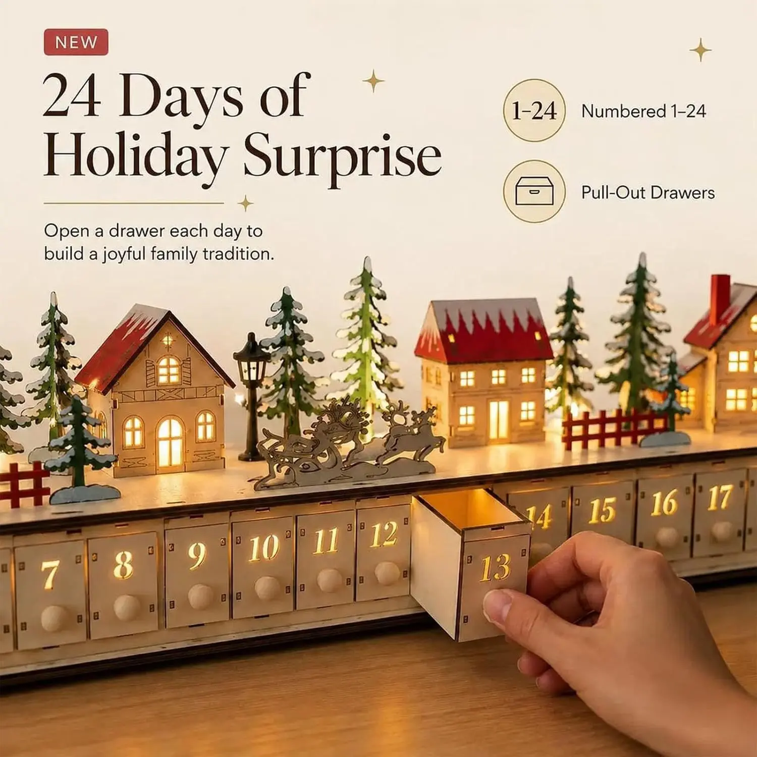 LED Lighted Wooden Christmas Advent Calendar 24 Days Countdown, Winter Village Scene with Storage Drawers, Farmhouse Christmas Table Decor, Holiday Decoration for Home, Family Christmas Party
