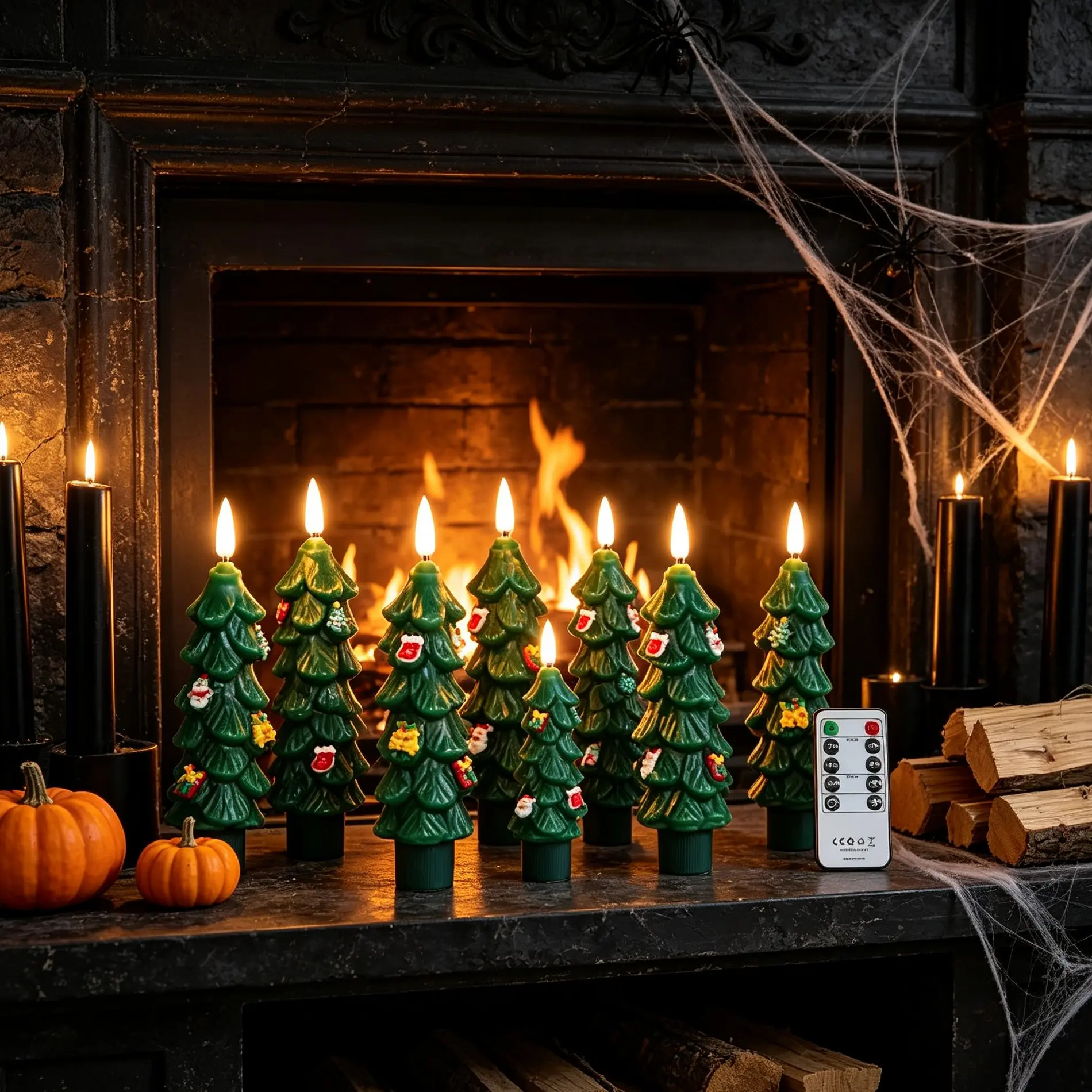 Christmas Tree Real Wax Cone LED Candle, Remote Control Flameless 3D Flashing Fire, Battery Powered Safe Heat-Resistant, Decorative for Christmas Trees, Wreaths, Windowsills