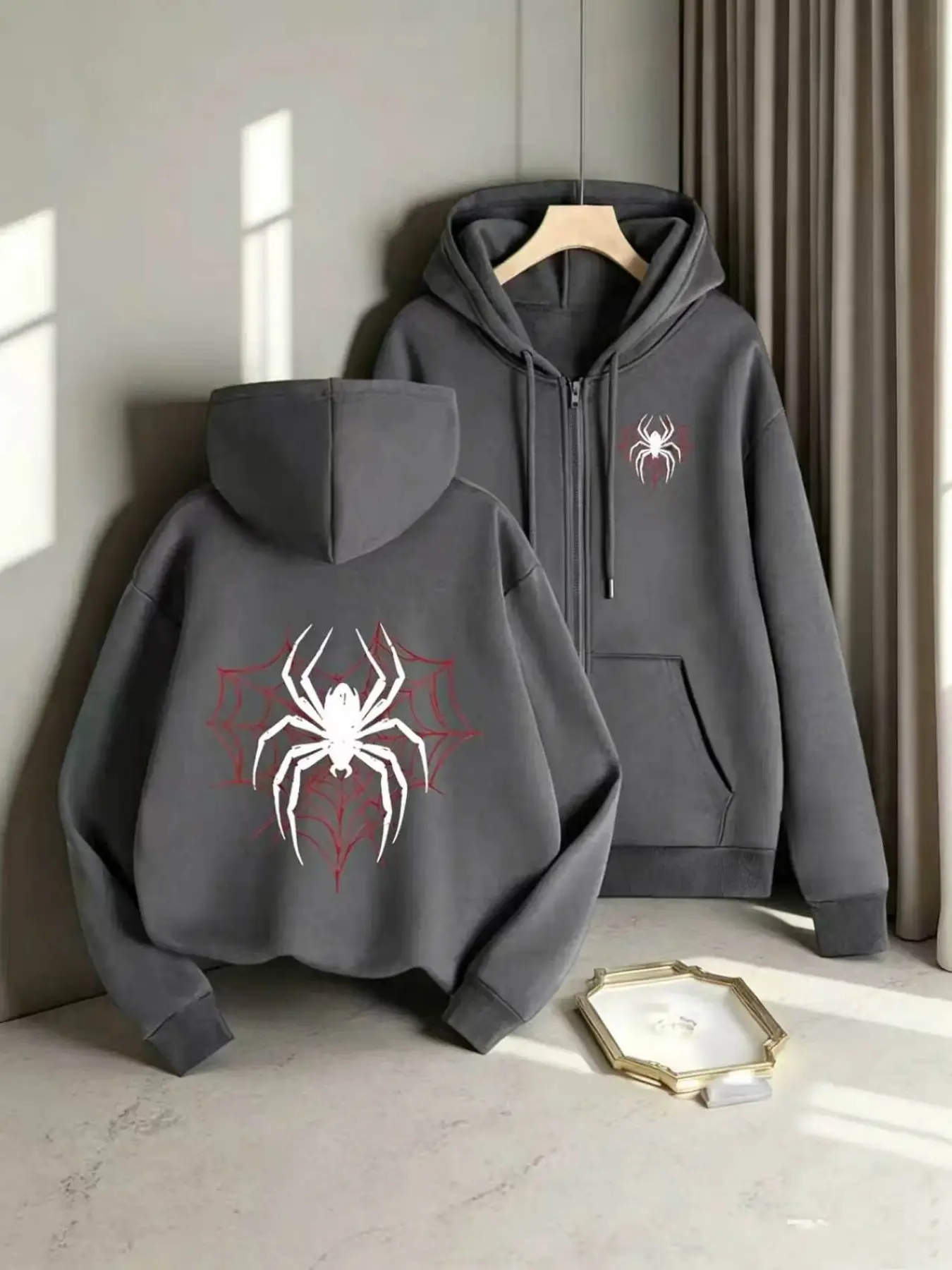 Minimalist Spider Web Open Front Baggy Hoodie Sweatshirts, Drop Shoulder Casual Long Sleeve Top for Men, Fall Season Graphic Pattern, Oversized