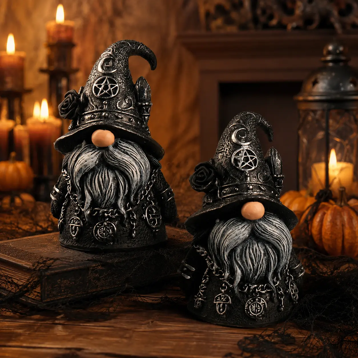 2 PCS Gothic Witch Gnome Figurines, Black Wizard Gnome Statues with Moon Pentagram Rose Crystal Details, Dark Halloween Tabletop Decor for Shelf Mantel Desk, Witchy Home Decoration, Spooky Gothic Gift for Halloween Lovers