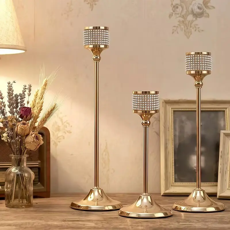 3pcs Rhinestone Candle Holders Set, French Style Metal Candle Stands, Wedding Engagement Dinner Table Decorations