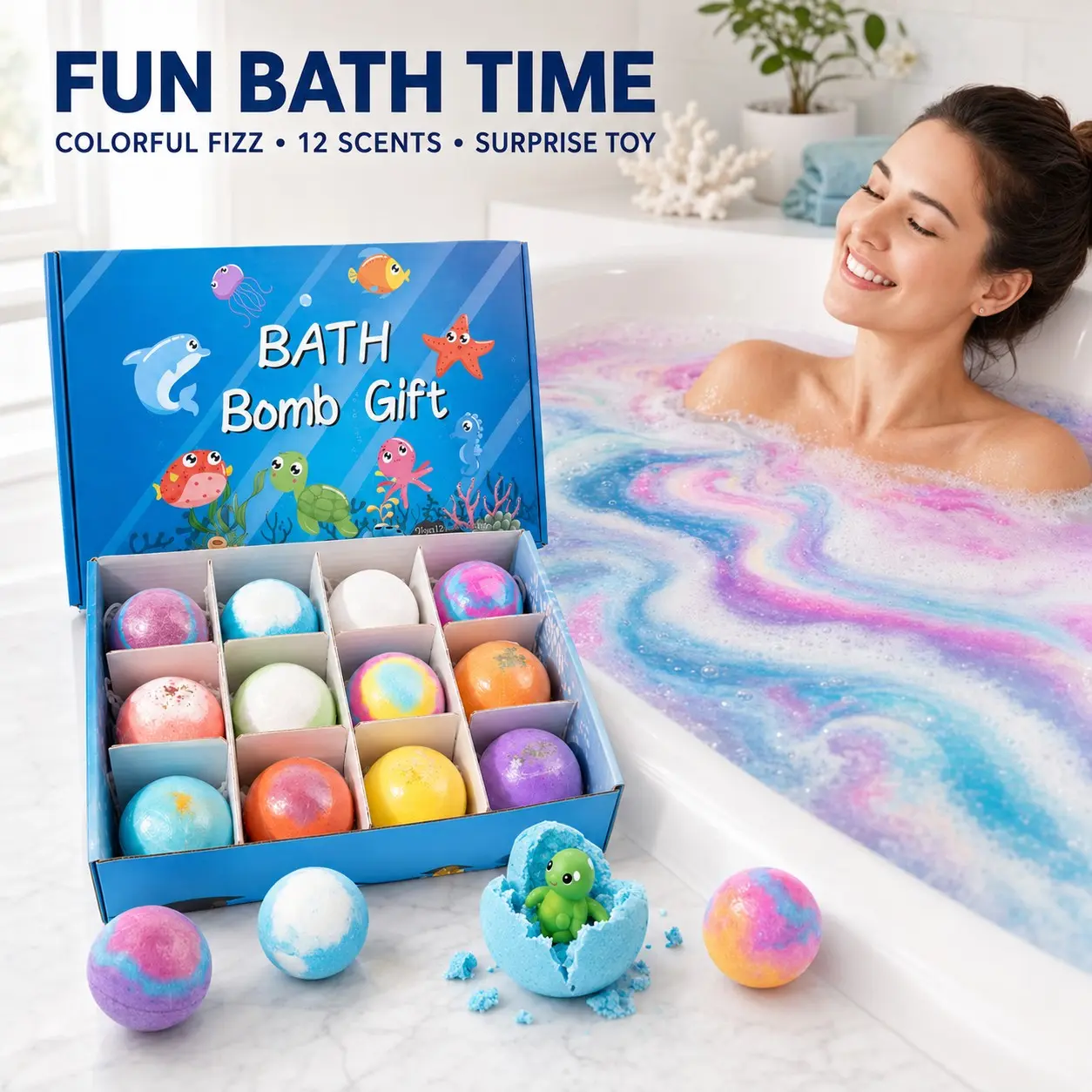 Ocean-Themed Bath Bomb Gift Set, 12-Pack Scented Colorful Fizzing Bath Bombs, Blue Ocean Gift Box, Birthday and Holiday Gift