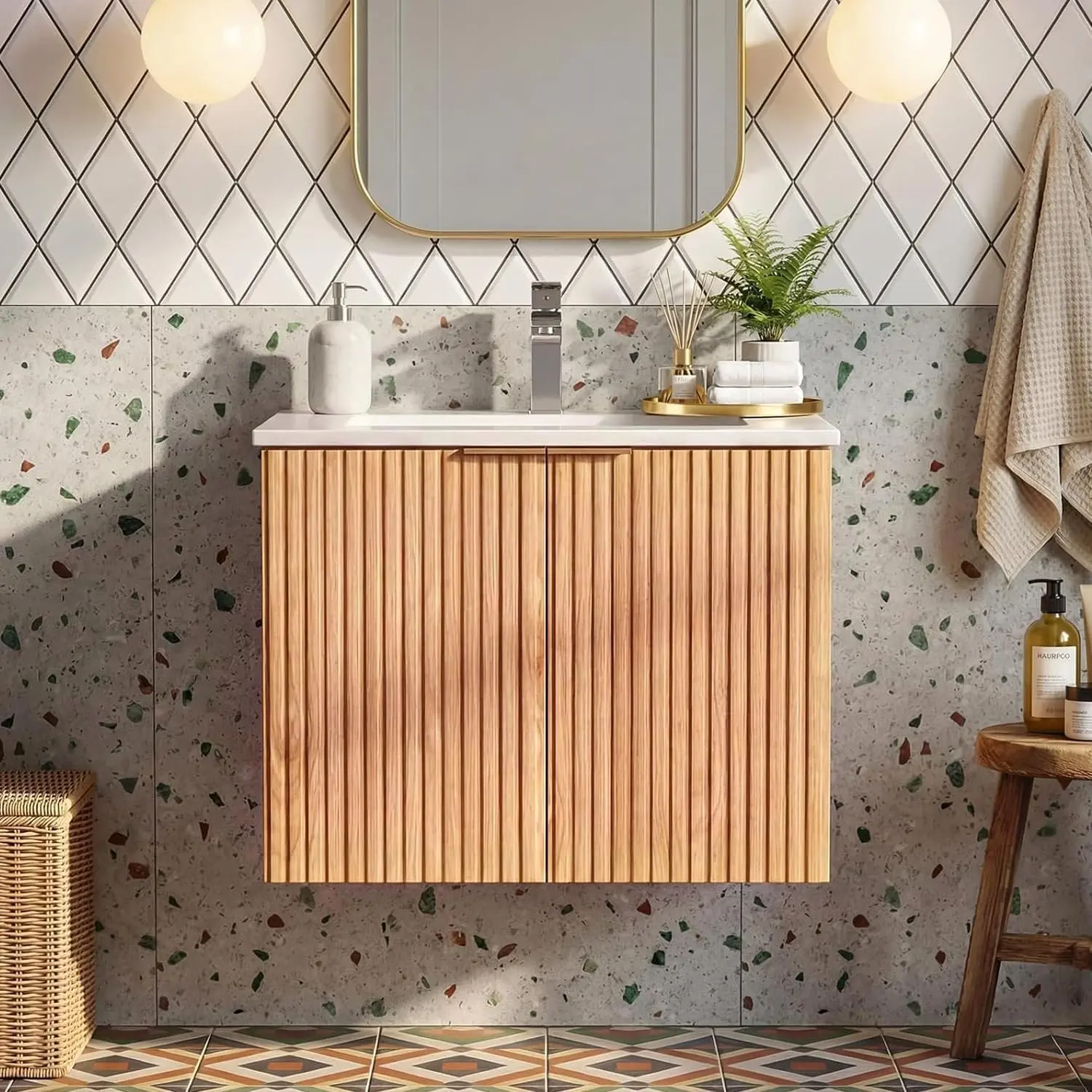 24 Inch Bathroom Vanity with Sink, Wall Mounted Floating Cabinet with Ceramic Basin, Waterproof Engineered Wood for Powder Room & Small Bathroom