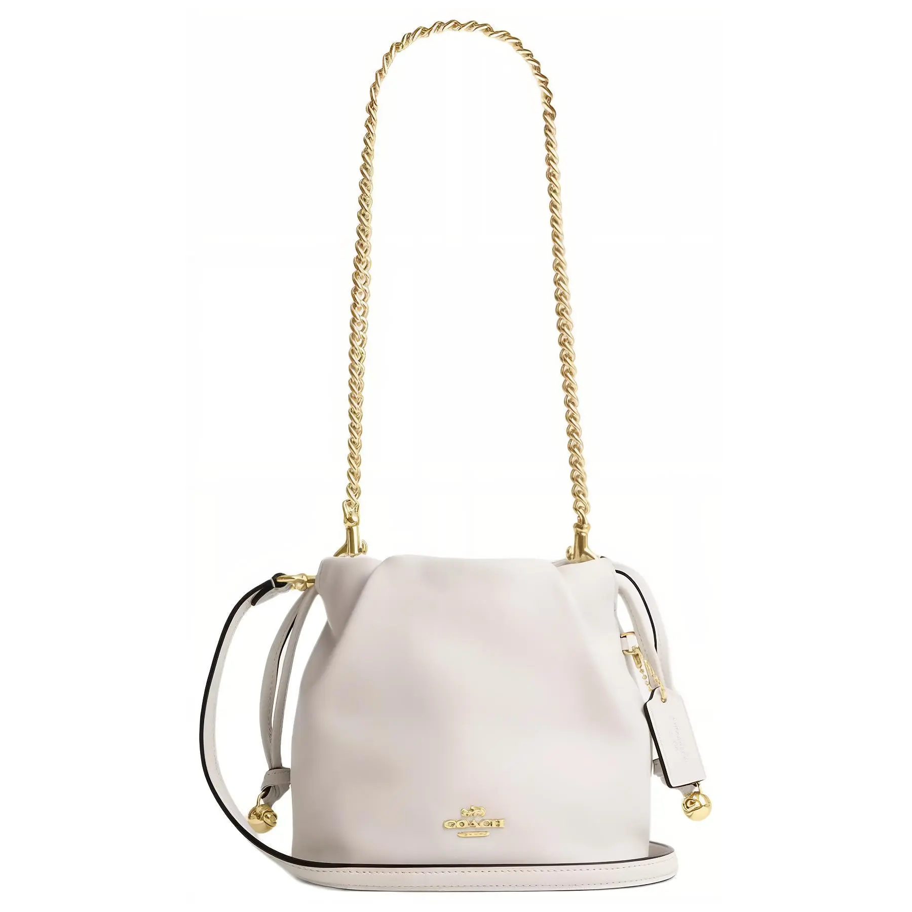 COACH Faye 18 Mini Crossbody Bag for Women – Calfskin Drawstring Satchel with Ruched Detail, White and Gold