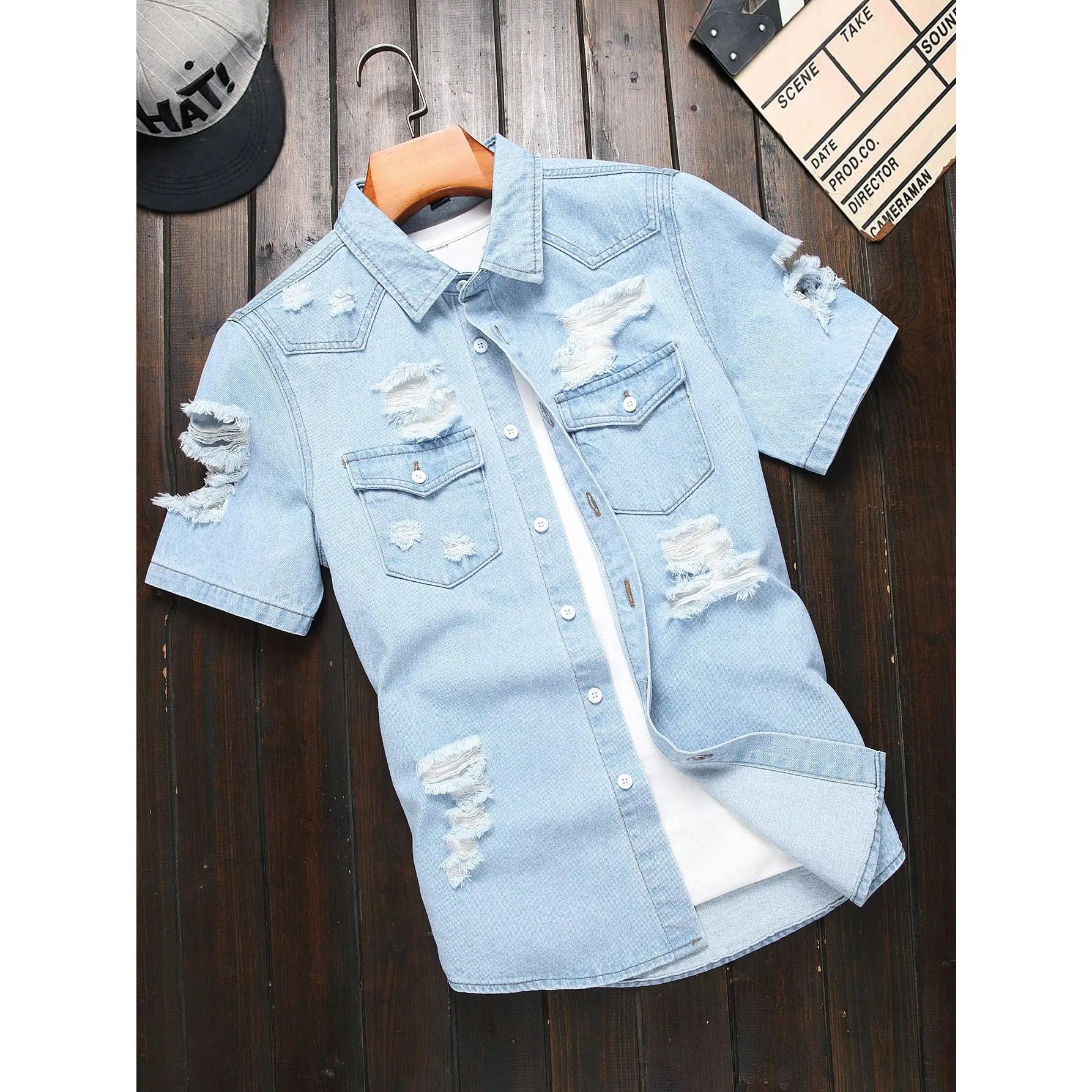 Men’s Streetwear Distressed Denim Shirt Light Blue Short Sleeve Vintage Washed Ripped Design Button Up Casual Hip Hop Y2K Fashion Oversized Fit Summer Lightweight Jean Shirt with Dual Pockets
