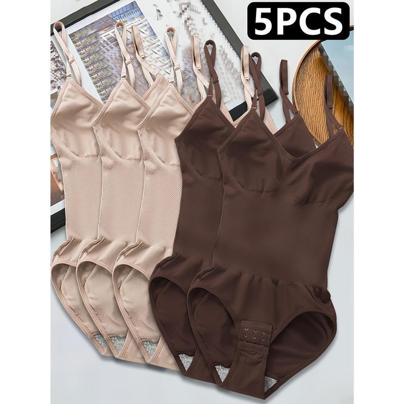5pcs Women's Seamless Shapewear Bodysuit with Abdominal Compression & Hip Lifting - Tummy Control, No Padding, Stretchy Nylon-Spandex Blend, Black/Brown/White/Beige/Navy Blue, for Travel & Casual Attire, Comfort Undergarment |         Closefitting Sha