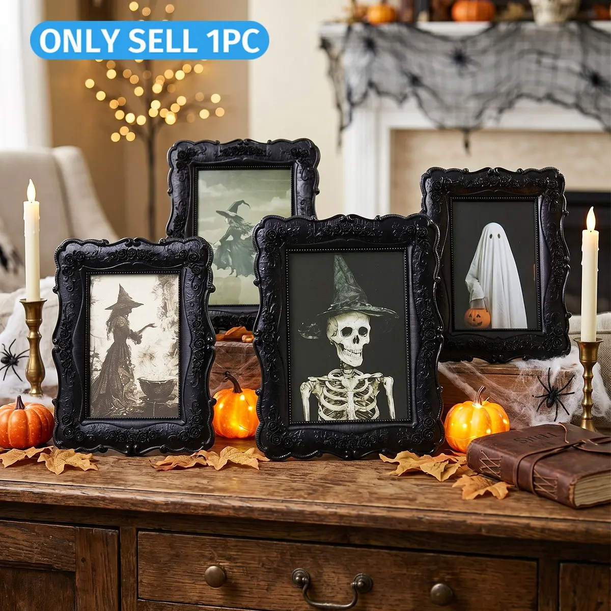 Halloween Decor Baroque Floral Rectangular Frame, European Relief Resin Standing Display, Gothic Photo Frame, Vintage Style Picture Frame, Vintage Picture Frames