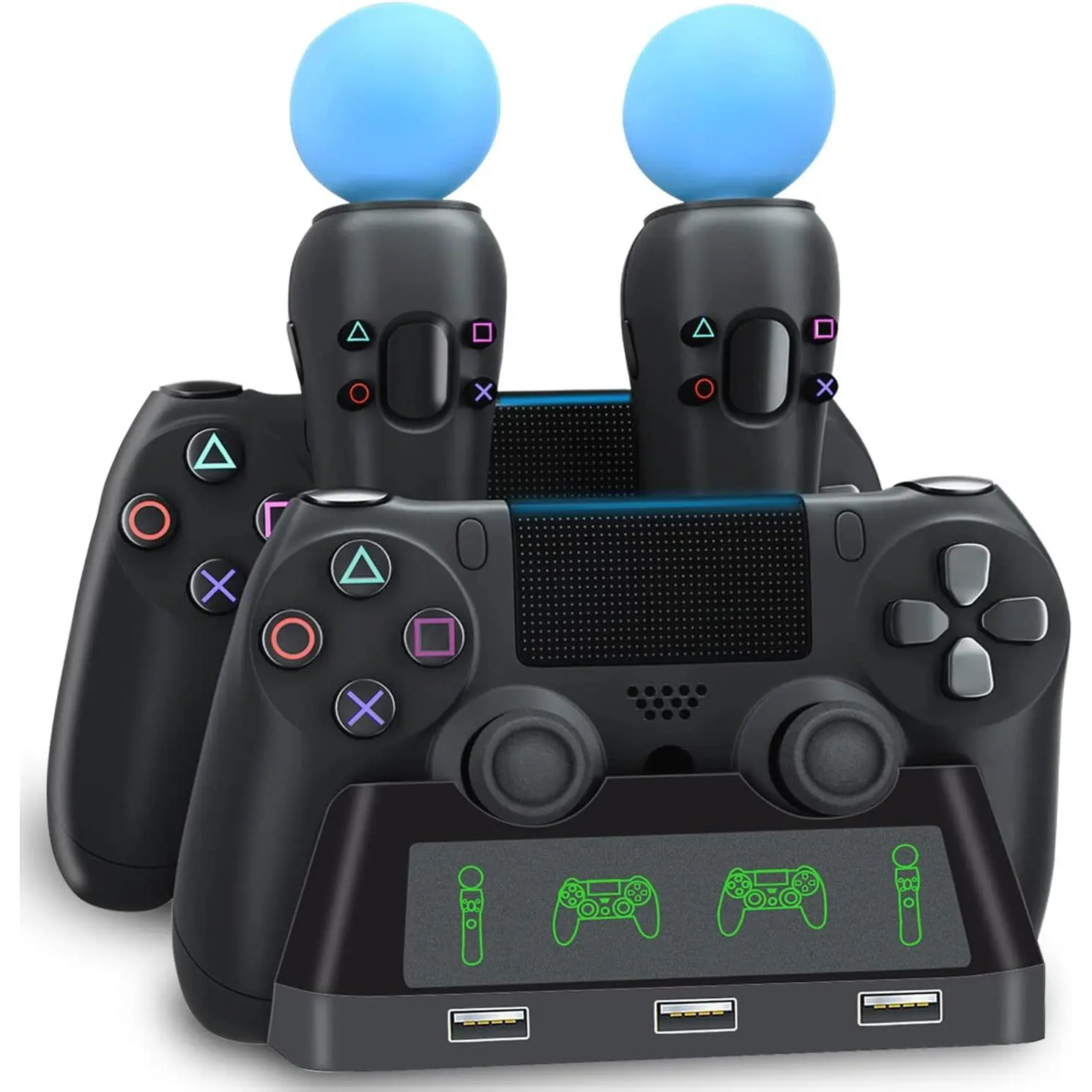 PS4 Controller Charging Dock Station, 4 in 1 PS VR Motion Move Charger Station, Fast PlayStation 4 Controller Charger with LED Indicator Compatible with PS4/Slim/PS4 Pro/PS VR Charging Dock