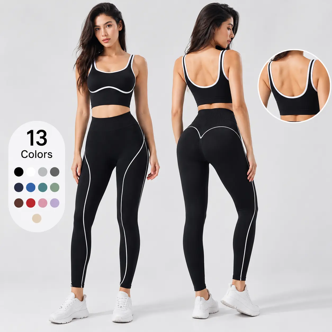 Women's 2-Piece Slim Fit Yoga Gym Wear Set, Nylon Blend Scoop Neck Pullover Crop Top & High Waisted Contrast Piping Leggings for Fitness Activewear, Pullover Tank