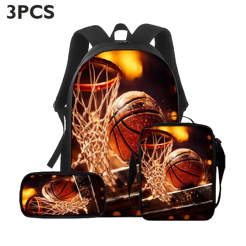 Polyester 3-Piece Basketball Hoop Backpack Set for Boys Teens - Sports School Bookbag, Matching Lunch Bag, Pencil Case, Orange Gym Bag, Player Travel & Practice Accessory Gift