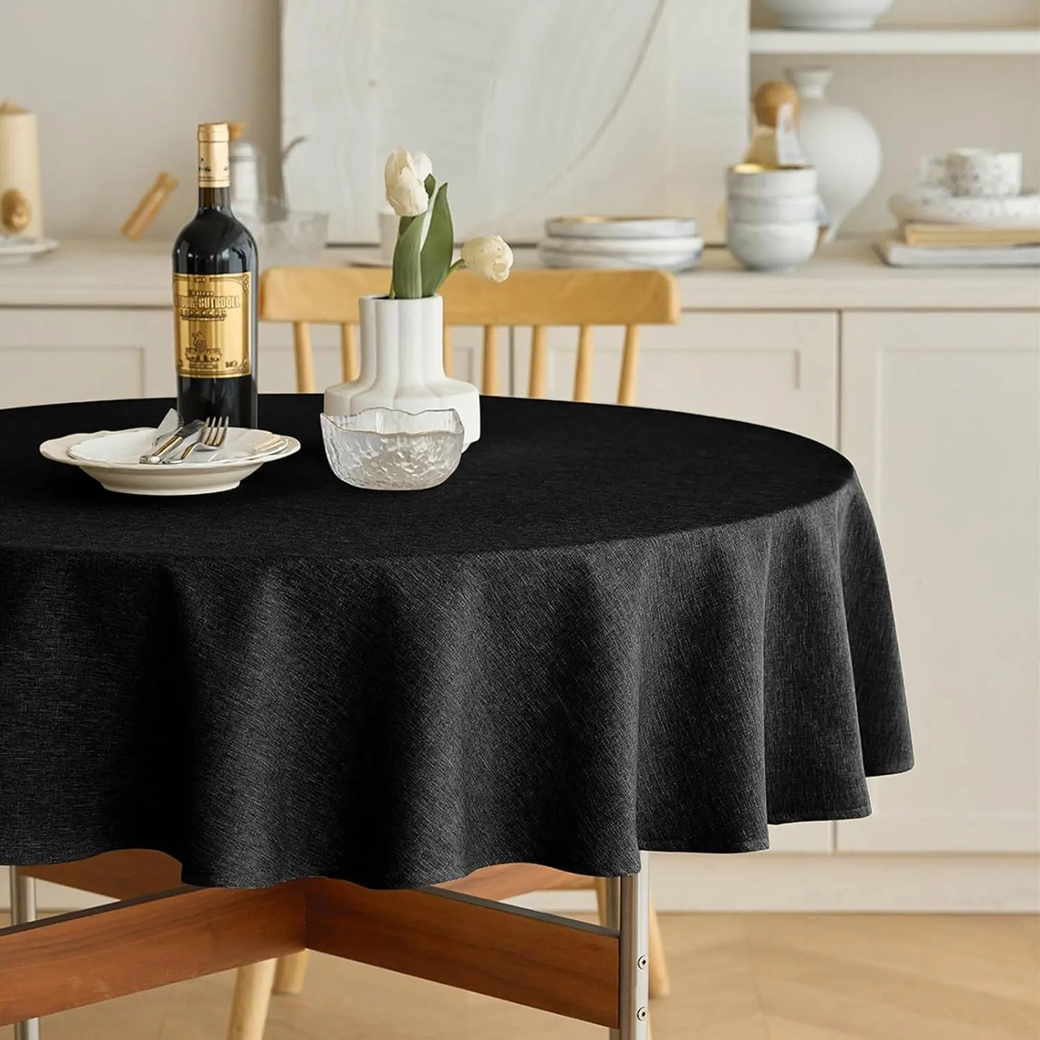 Waterproof Farmhouse Round Small Table Cloth for Round Table, Easy Care Wrinkle-Free Circle Table Cover for, Wedding, Picnics, Table (60 Inch, Round (2-4 Seats), Black)