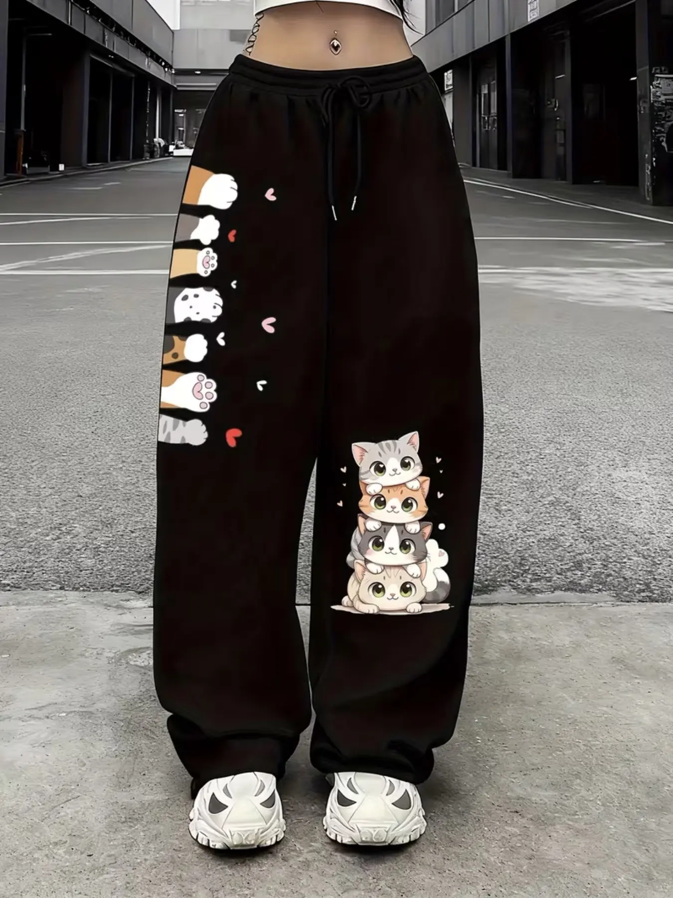 Cute Cat Print Casual Sports Pants, Drawstring Elastic Waist, American Style Trendy, Women's Straight Leg Pants, Loose-Fitting, Baggy, All Seasons