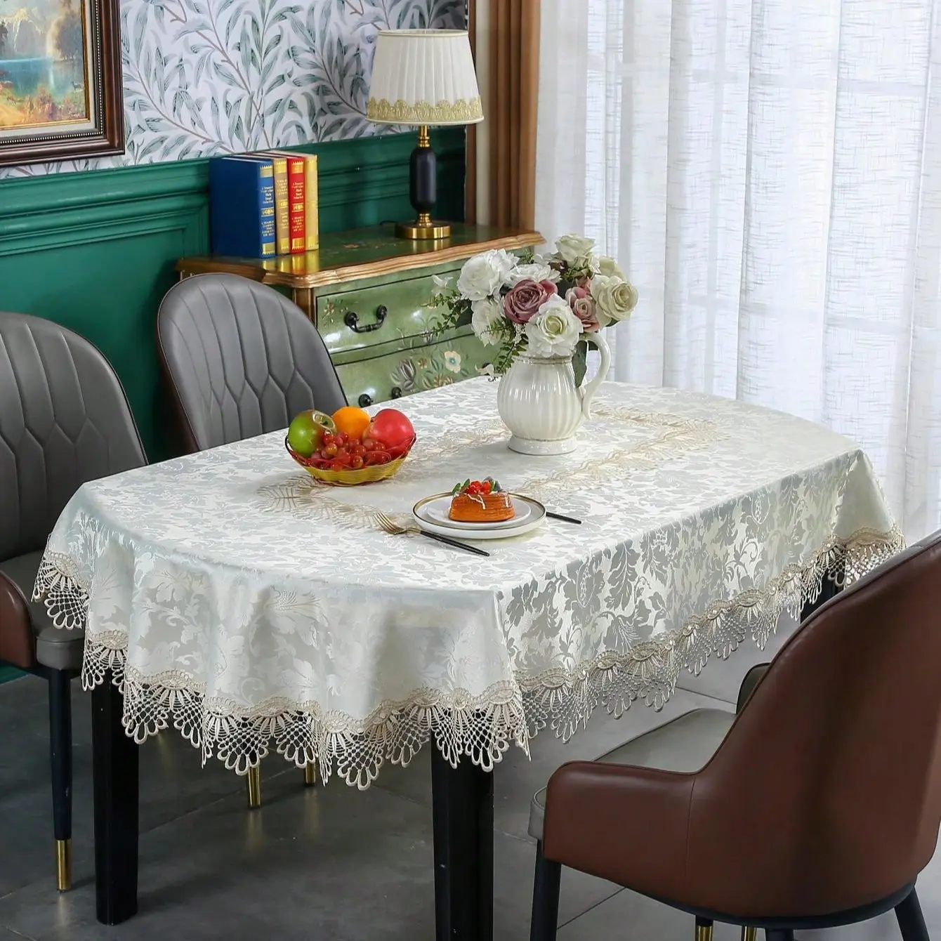 Elliptical Embroidered Lace Tablecloth, European Style Polyester, Dust-Proof Heat-Resistant, Ideal for Dining and Parties