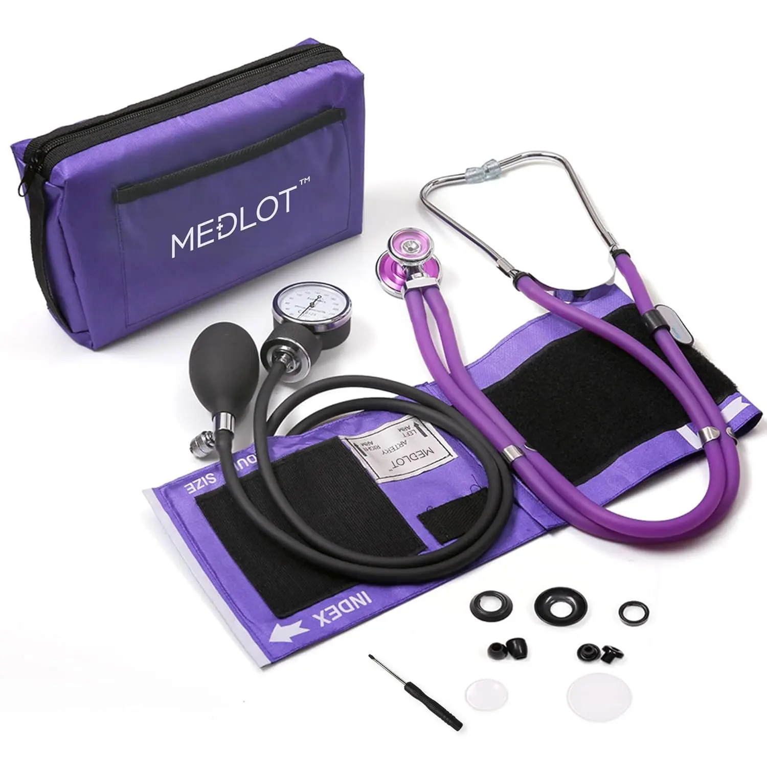 Professional Manual Aneroid Sphygmomanometer with Stethoscope Kit, Cuff Sizes 10"-16" Fits Adults, Manual Gauge, Carrying Case for Home Use, Nurses, Purple, Compact Set