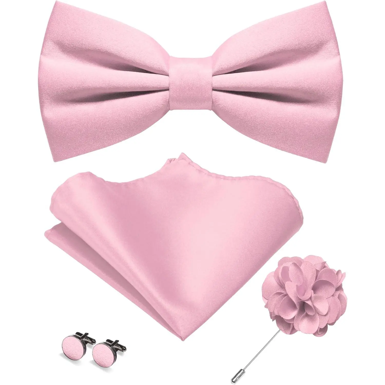 Classic Male Wear Bow Tie Set, Solid Color Pre-tied 4-Piece Set Pack with Pocket Square, Cufflinks & Lapel Pin