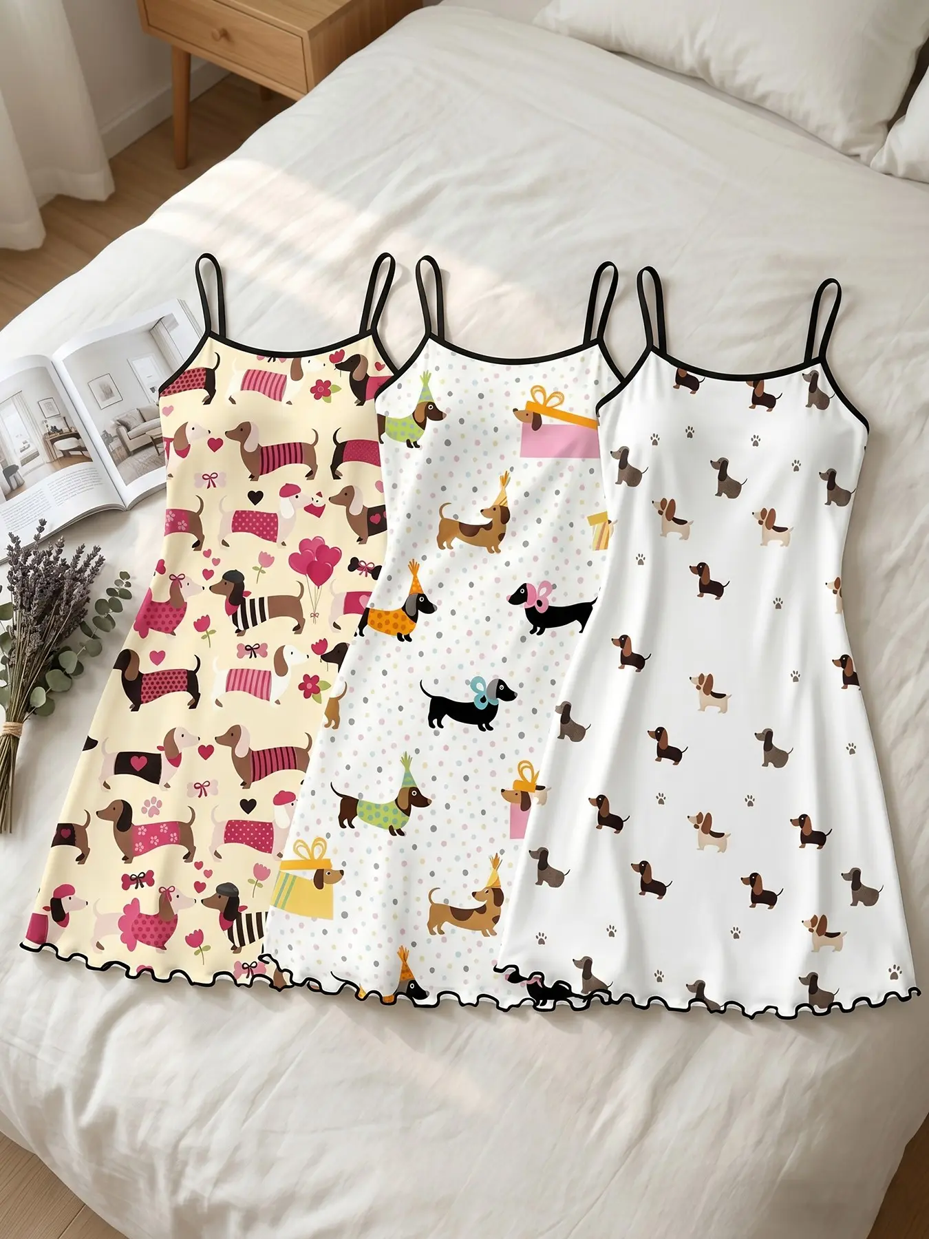 Women's 3 Pack Slip Nightgowns, All Season Wear, Dachshund Dog Paw Heart Party Print Ruffle Hem, Dachshund Mom Aesthetic, Loose Breathable for Home & Casual Wear