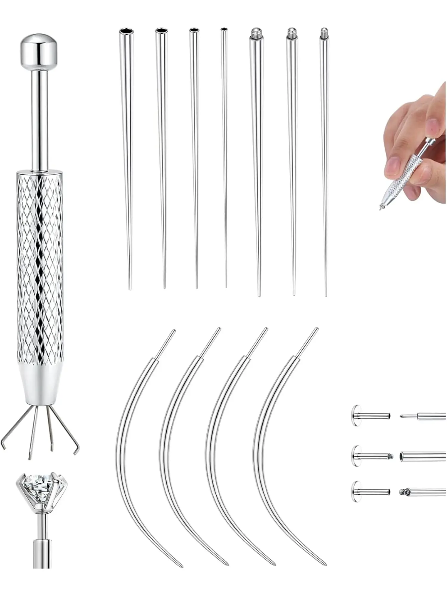 14G 16G 18G 20G Piercing Taper Ball Grabber Tool for Changing Jewelry - 316L Stainless Steel Flat Back Earrings Piercing Threader Assistant Applicator Tool Threadless Insertion Pin Thread Body Piercing Stretching Kit for Ear Nose Lip Tongue