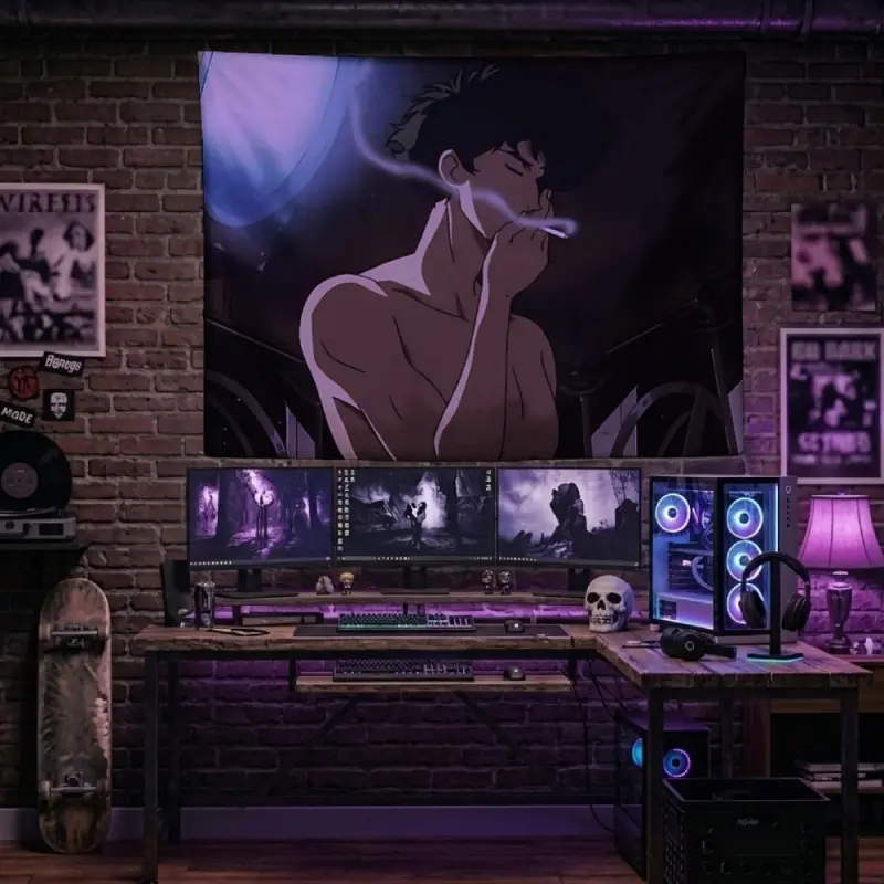 Cowboy Bebop Spike Spiegel Smokg Polyester Decorative Tapestry Dark Anime Character Silhouette Wdow Wall Hangg Cool Sad Vibe Gamg Room Bedroom Dorm Decor Boy Cave Background Banner