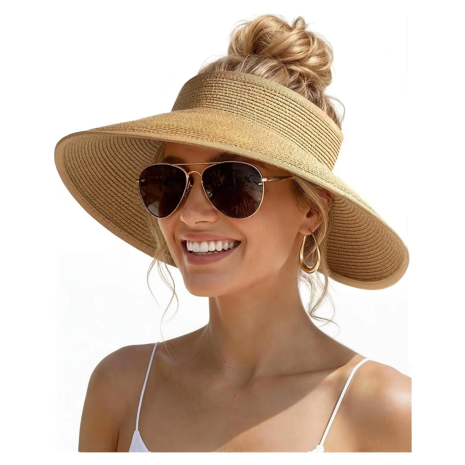 Women's Wide Brim Straw Sun Visor Hat with UV Protection, Ponytail Friendly, Packable Beach Vacation EssentialGift