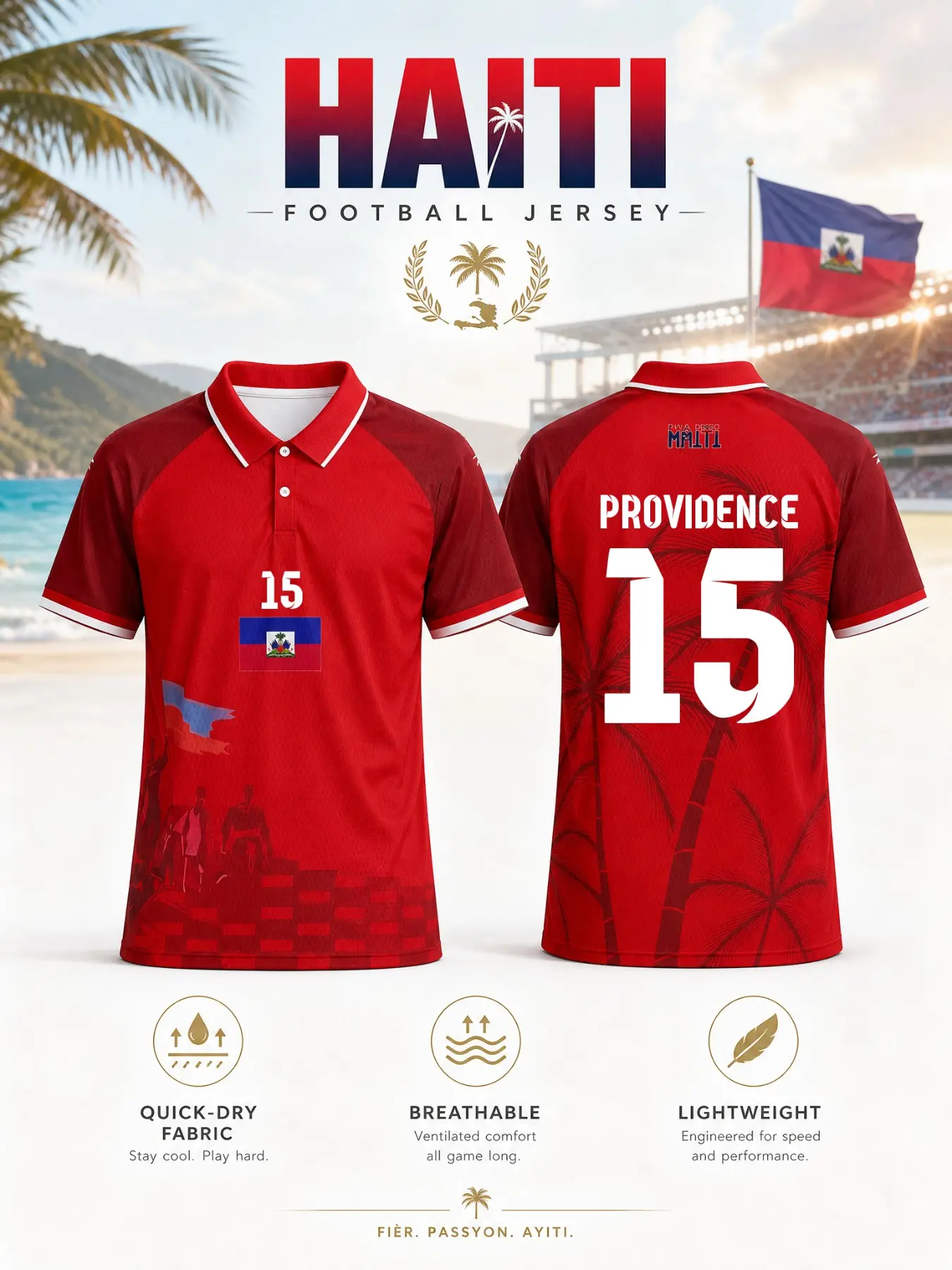 Haiti 2026 Men's Soccer Jersey Red Polo Football Shirt Jersey Shirts - Quick-Dry Fabric Sportswear - Haitian National Team Fan Apparel - Breathable Lightweight Tee Fan Sportswear Sporty Sports Top - Quick Dry Tops