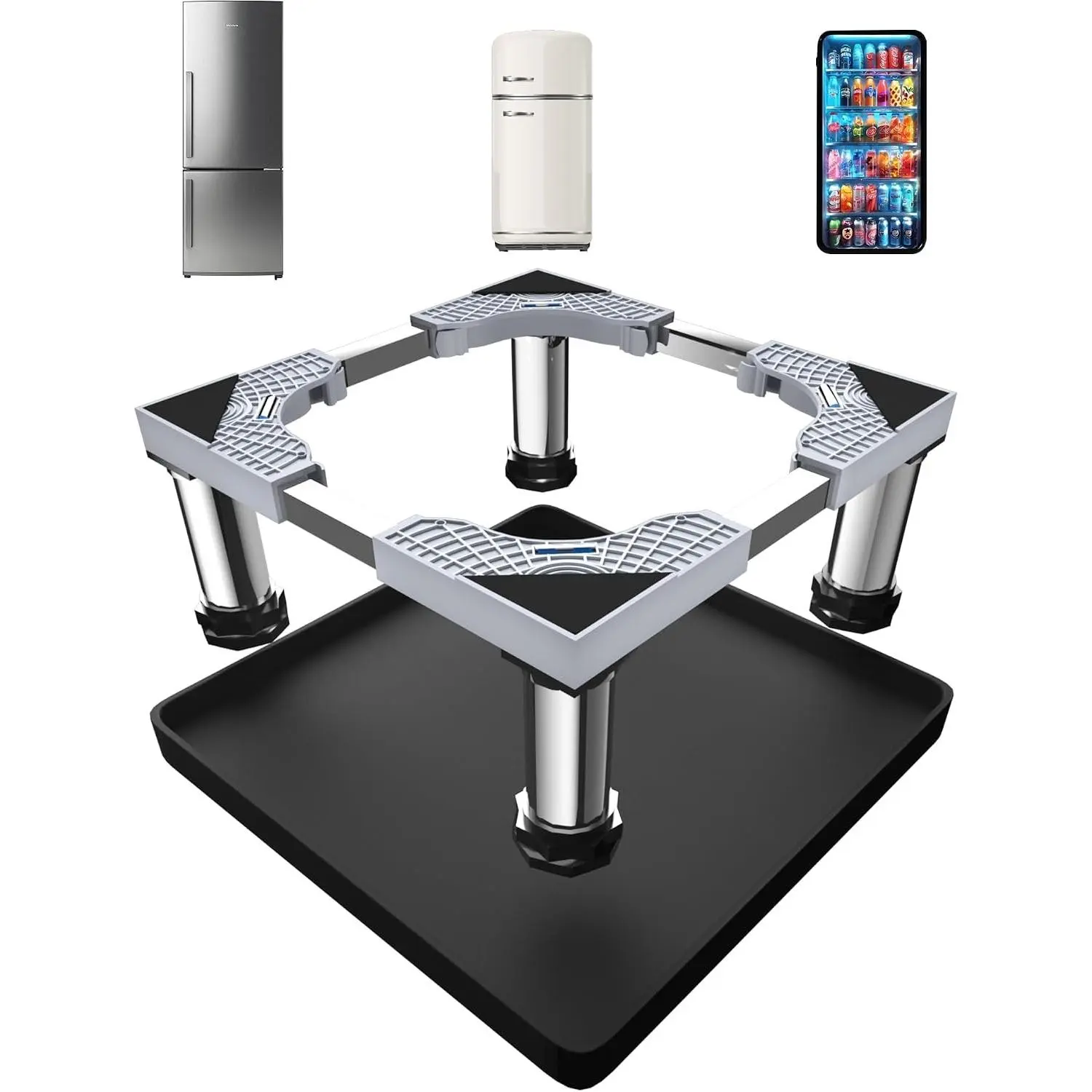 Adjustable Mini Fridge Stand with Silicone Mat, 4 Stainless steel Feet, 24''x 24'' Dorm Stand Protect From Appliance Leaks for Fridge, Washer, Dryer (7.3"-8.5" High)