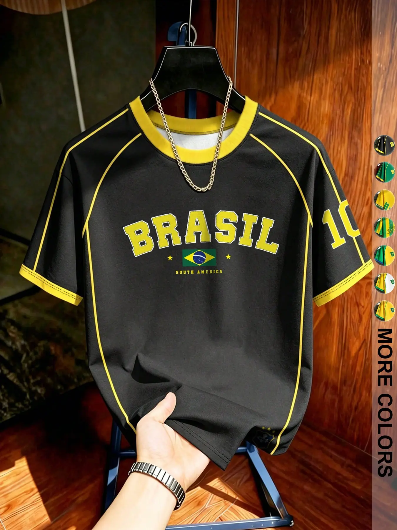 Men's Brazilian Print Tropical T-Shirt, Streetwear, Casual Short Sleeve Jersey, Comfortable Loose-Fit, Spring & Fall Fashion, Outdoor Travel Party, Menswear