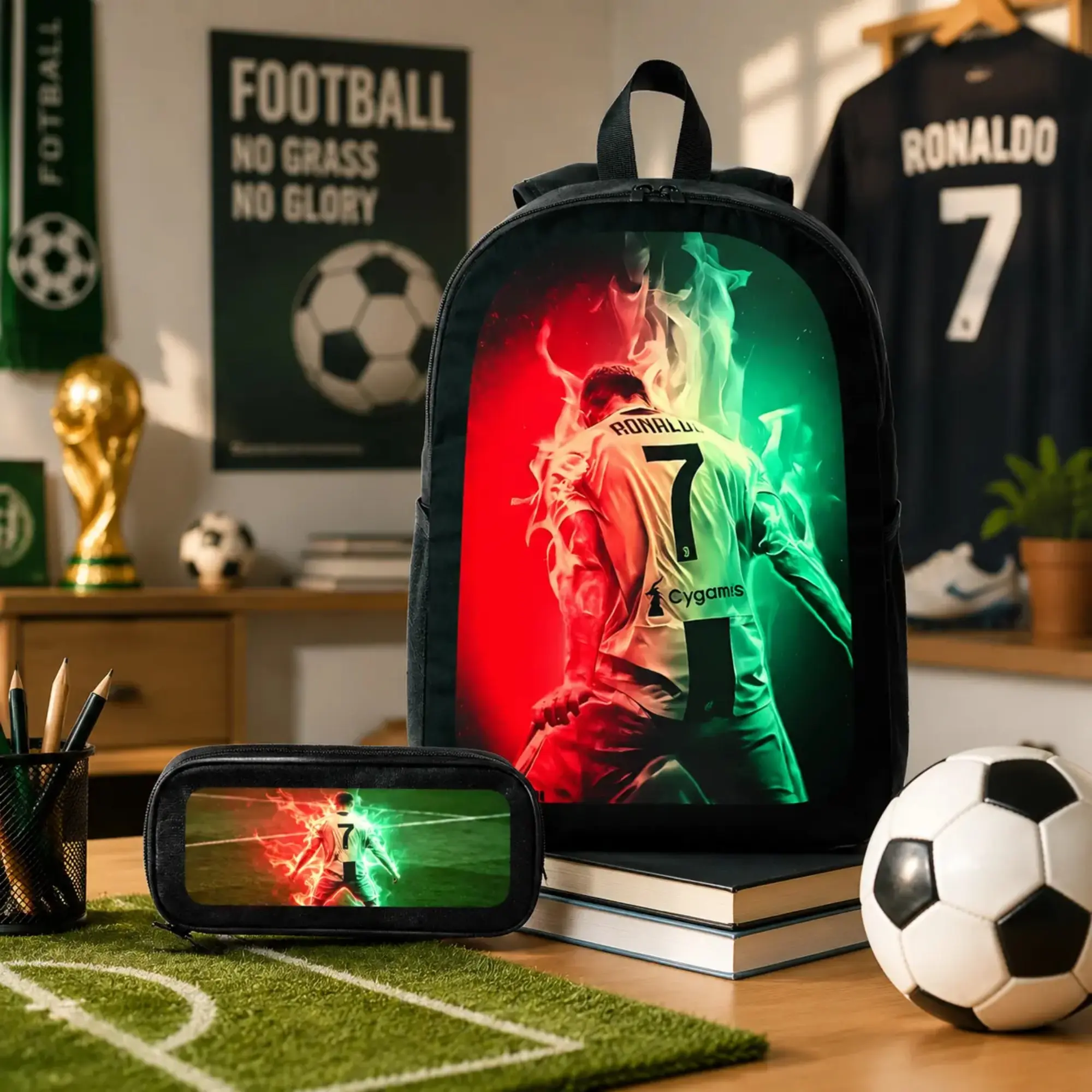 Football Fashion 3-Piece CR7 Backpack Set Students Backpack with Soccer Player Pattern, Padded Straps, Insulated Lunch Bag Built-In Organizer