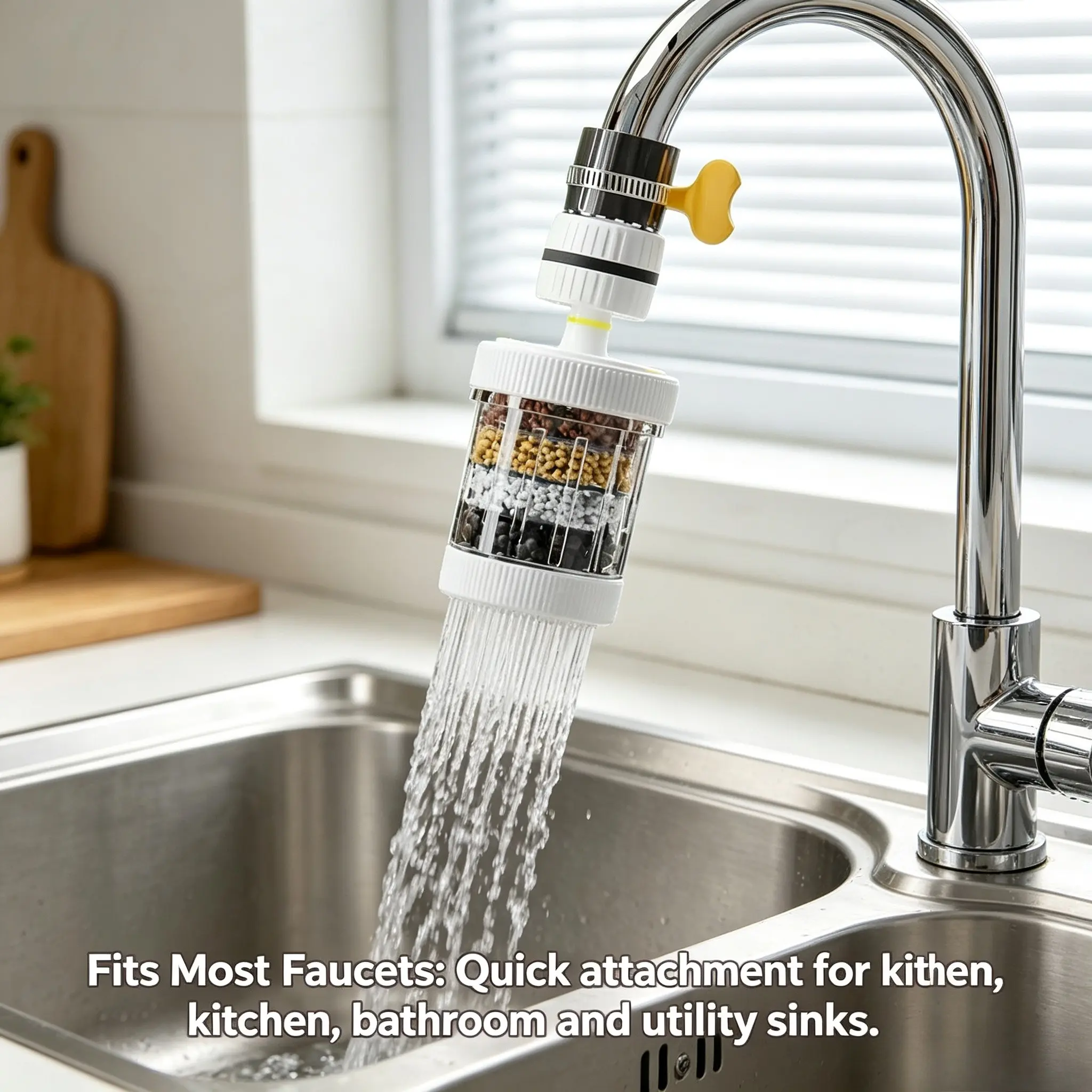 Home Faucet Filter with Six-Layer Cartridge, 360-Degree Rotatable, Kitchen Water Purifier, Splash-Proof, Cold & Hot Safe System