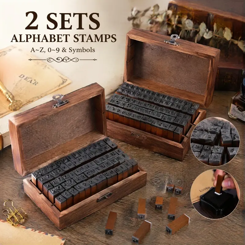 Classic Retro Design 2-Set 140-Pcs Vintage Wooden Rubber Stamps Kit, Alphabet & Number Stamps for Scrapbooking, Crafting (Total 140 Pieces)