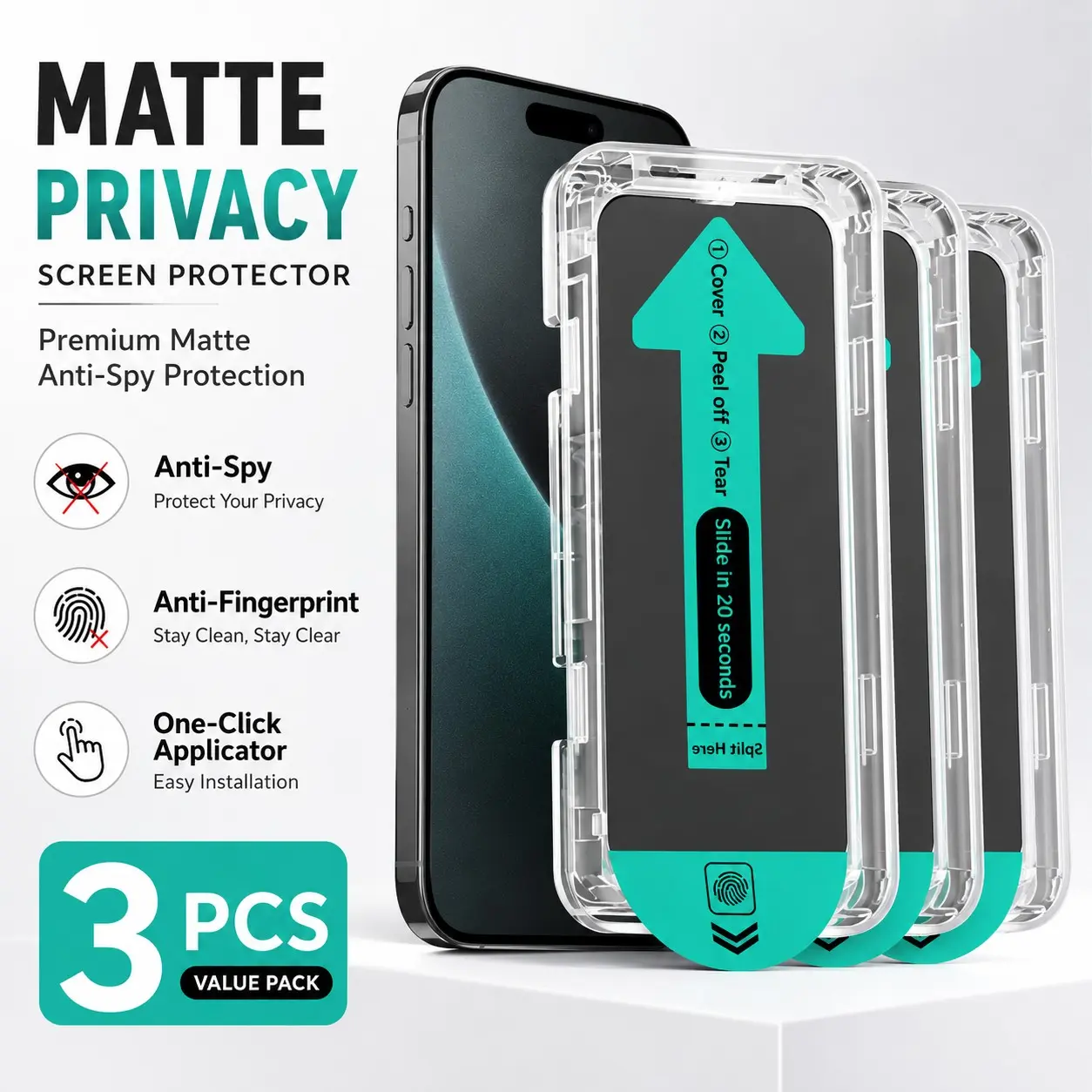 3-Pack Matte Privacy Tempered Glass Screen Protector, Fingerprints & Peep-Proof, Auto Dust-Free, Bubble-Free, Easy Install for iPhone Models