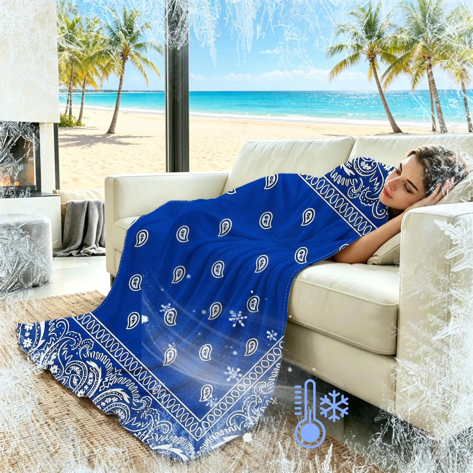 Classic Black Base White Paisley Bandana Art Print Summer Blanket, Q-MAX>0.3 Cooling Breathable Sweat-wicking Skin-friendly, For American Vintage Decor Enthusiasts, Multi-use Blanket For Bedroom Sofa & Lunch Break