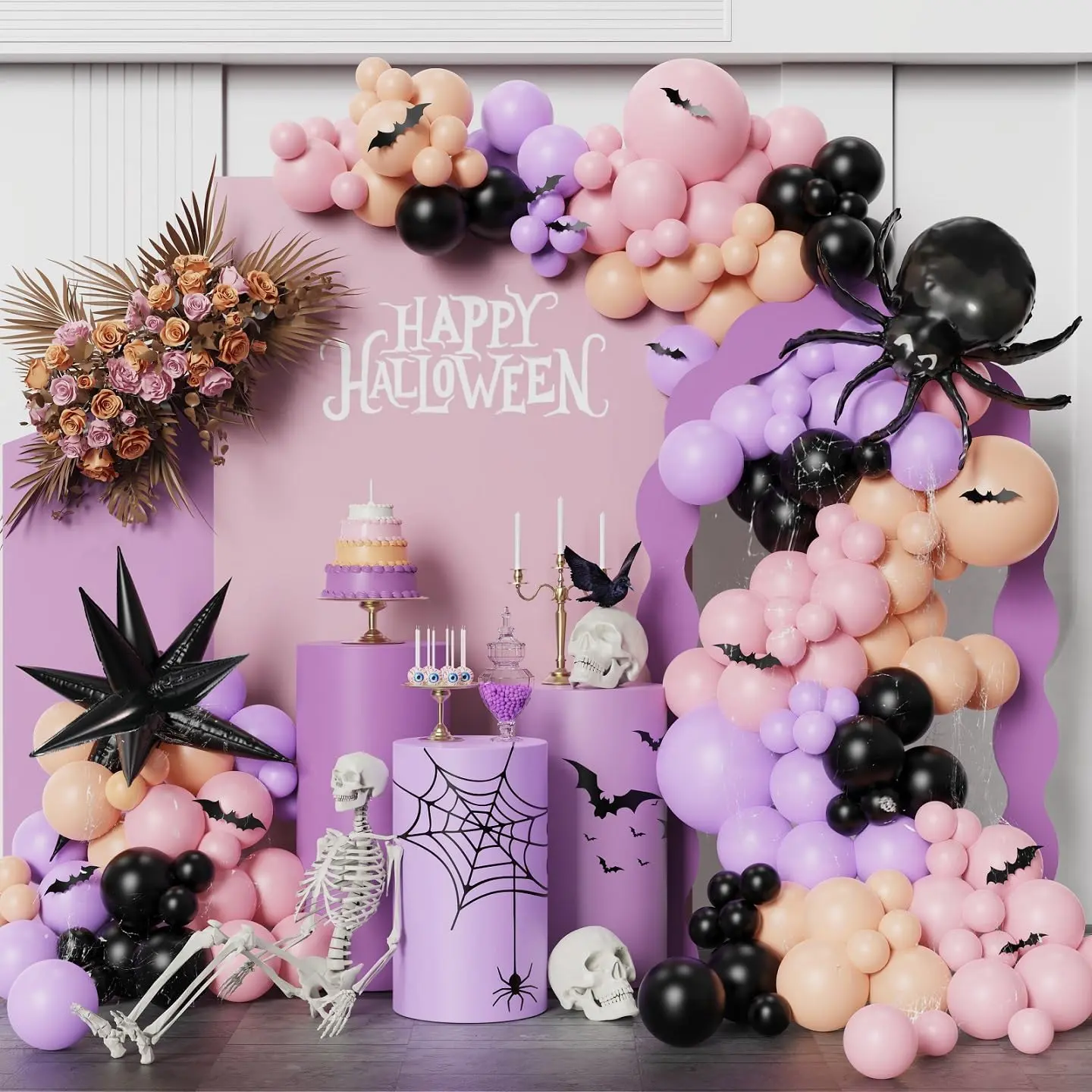 166 count  Black  Halloween Balloon Garland Arch kit, Scary Spider Happy Halloween  Shower Party Decorations with  Bat Stickers for Girls Spooky Birthday BOO Day Party Supplies