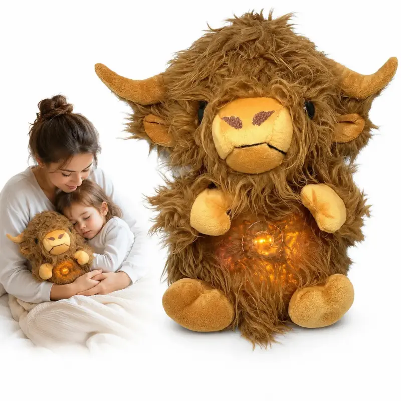 Battery-Powered Light-Up Breathing Highland Cow Plush Toy - Cuddly Stuffed Animals, Electronic Interactive Pet, Soft Huggable, Fluffy Brown Fur, Friendly Face, Warm Glowing Belly, Birthday/Party Gift, Bedtime Companion for Girl & Boy, House Decoration
