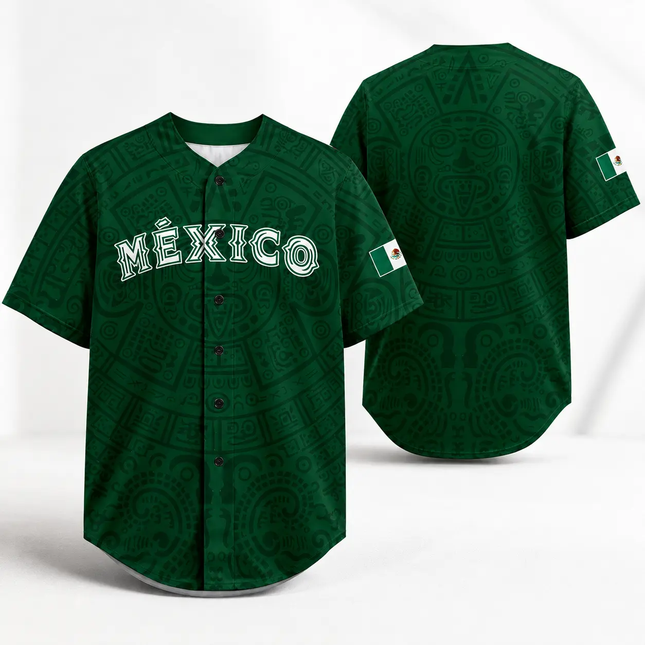 Unisex Green Sports Jersey Baseball - Mexico-Inspired Graphic, Aztec Pattern, México Text Print, Flag Sleeve Detail, Button-Accented, Athletic Jersey Baseball, Mexico Pride Tee, Cold Wash, Summer Streetwear & Casual Party Wear, Ethnic Pattern, Loose-Fitti